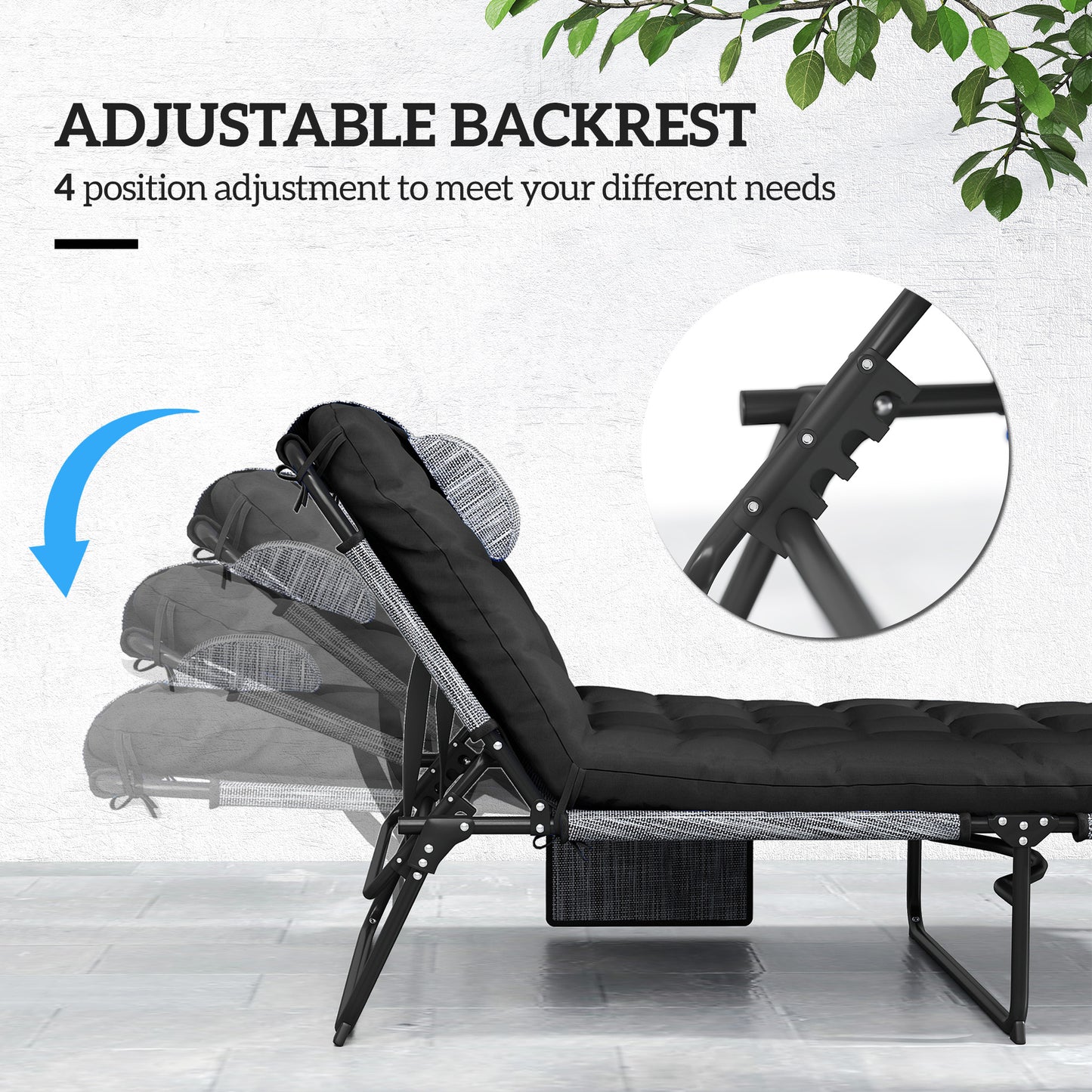 Outsunny 2-Piece Folding Lounge Chairs with Adjustable Backrest, Tanning Chair with Cushion, Side Pocket, Headrest, Grey