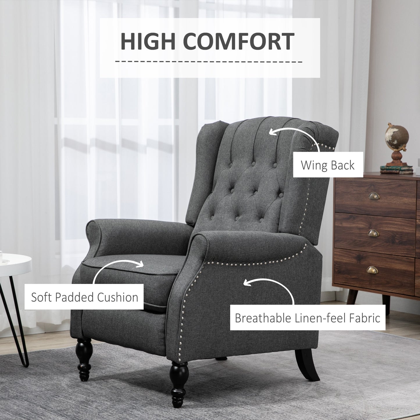HOMCOM Wingback Reclining Chair with Footrest, Button Tufted Recliner Chair with Rolled Armrests for Living Room, Light Grey
