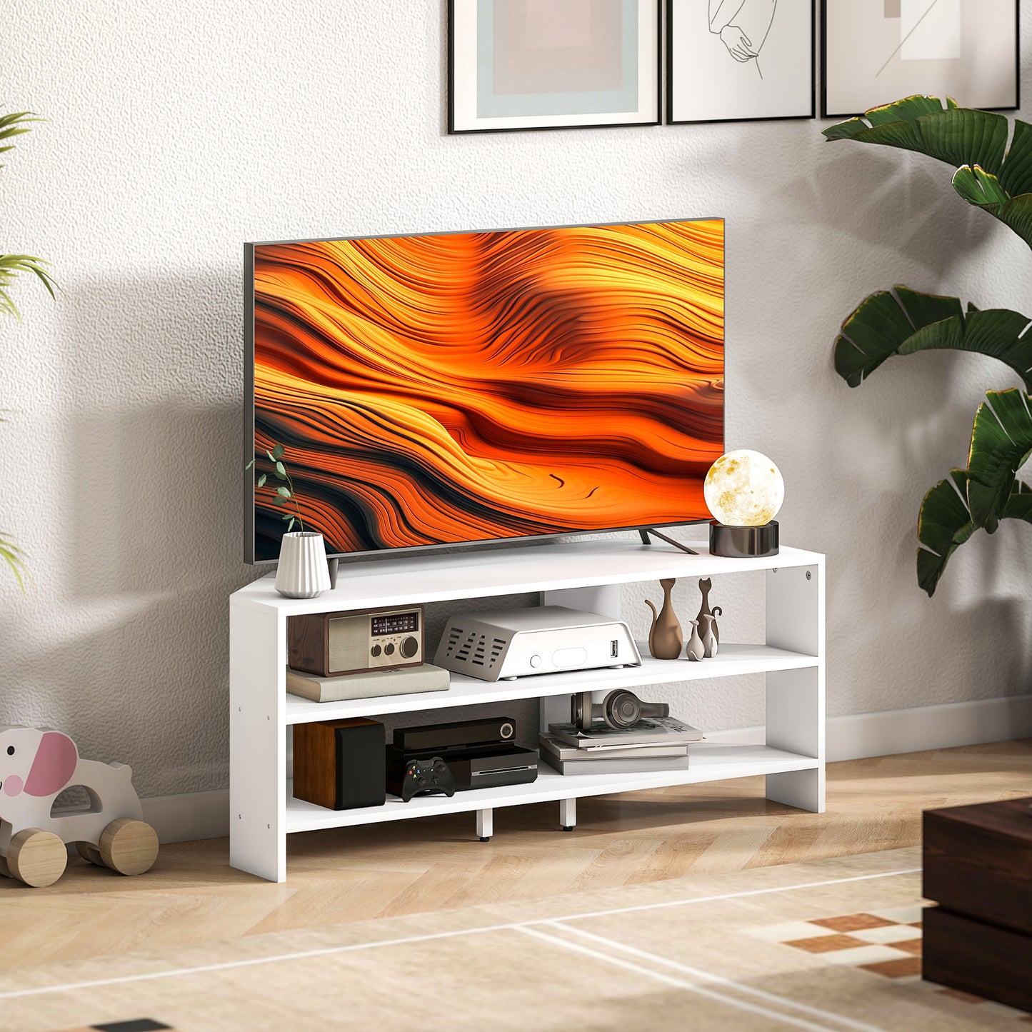 HOMCOM Corner TV Stand, Modern TV Table with 2 Open Shelves for 47 Inch TV, Entertainment Center for Living Room, White
