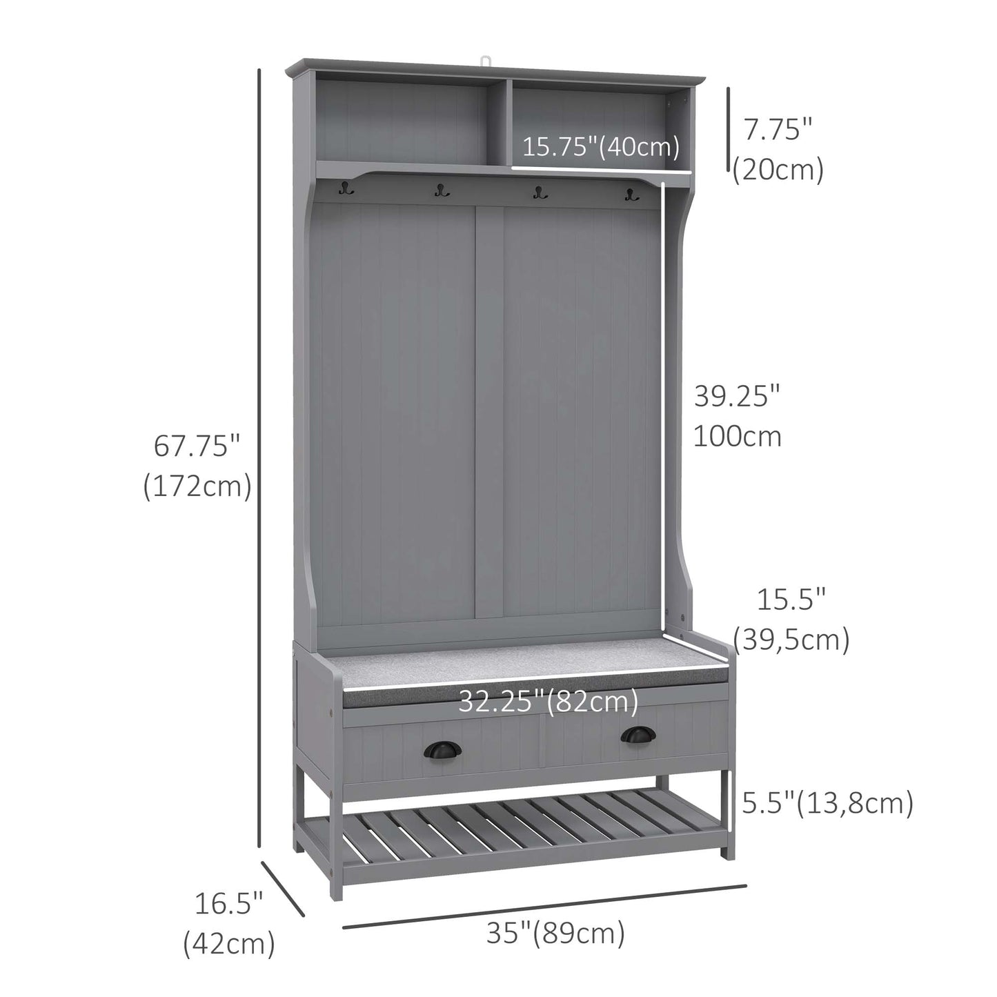 HOMCOM Coat Rack Shoe Bench, Hall Tree with Bench and Shoe Storage, Entryway Bench with 4 Hooks, 2 Drawers, 2 Shelves, Grey