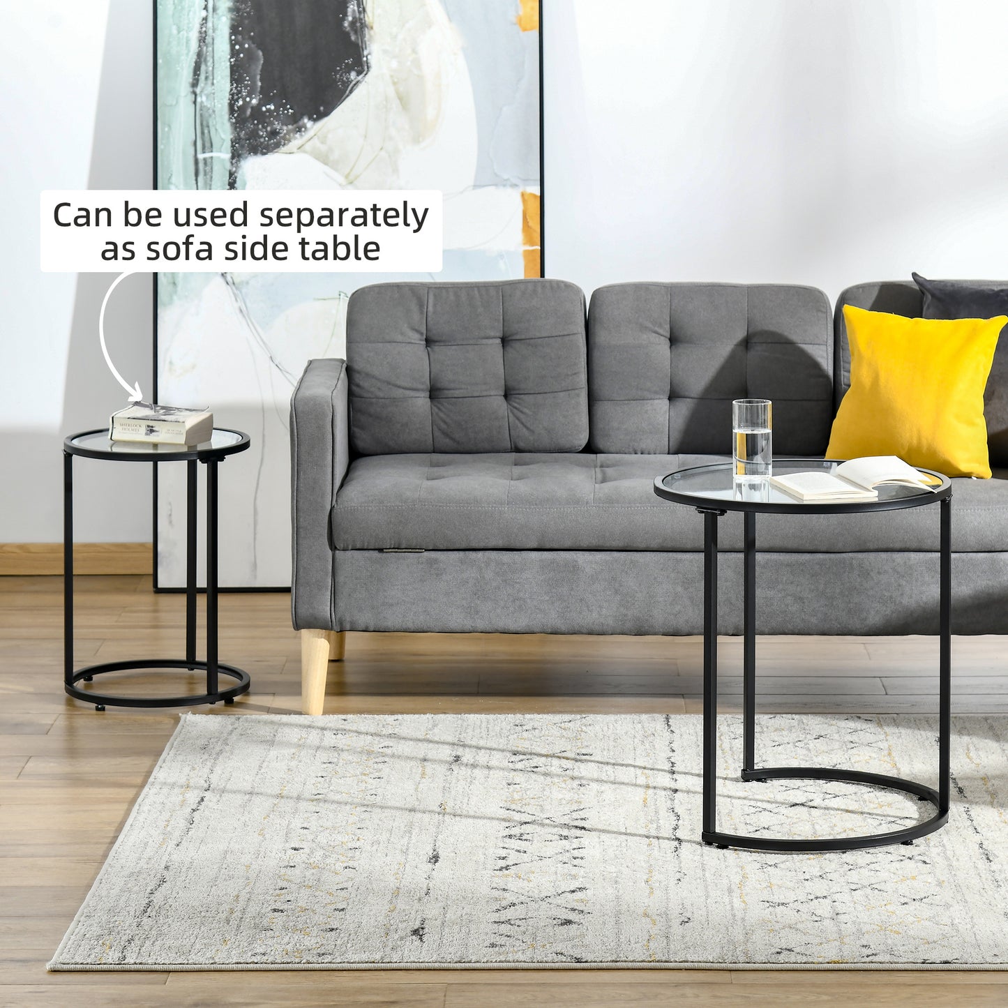 HOMCOM Set of 2 Nesting Coffee Tables with Metal Base, Round Side Table with Tempered Glass Tabletop for Living Room, Bedroom, Gold