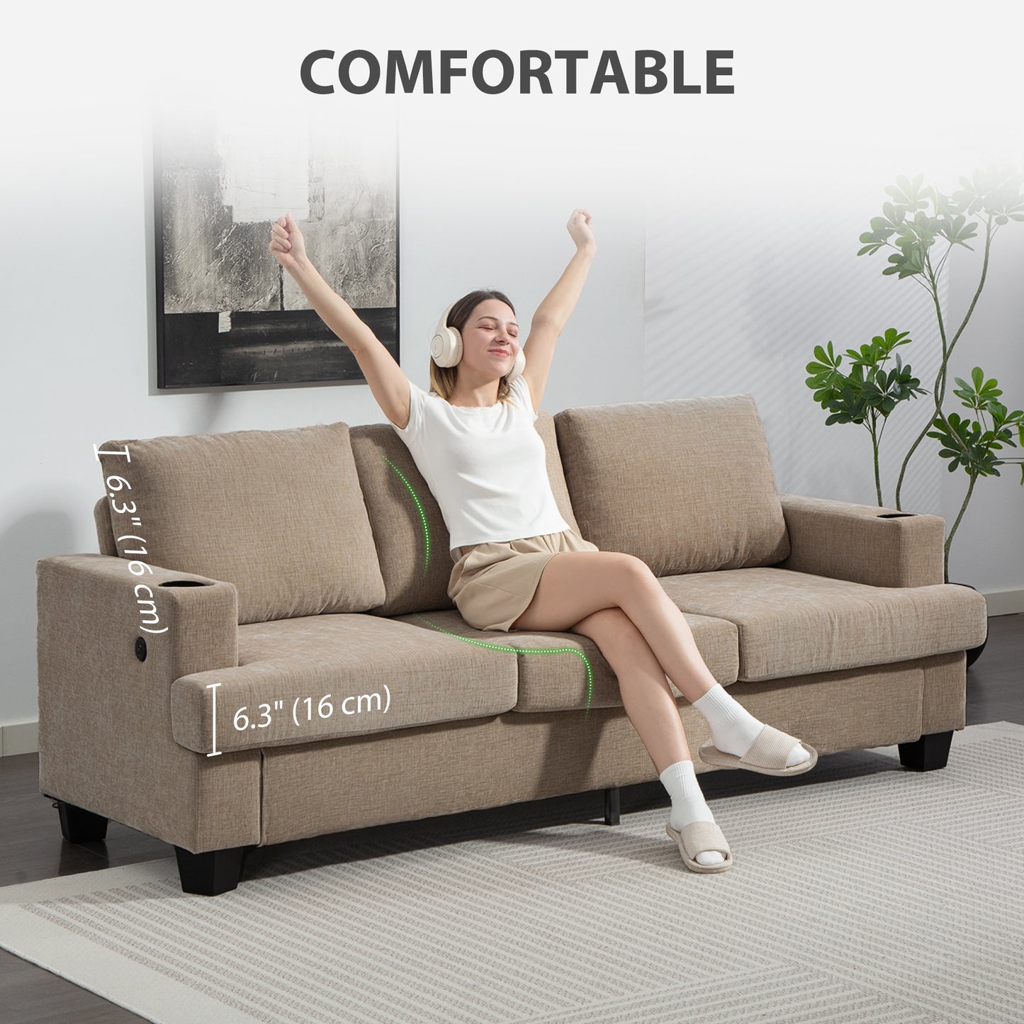 HOMCOM 3 Seater Sofa with USB Ports & Cup Holders, Chenille-Feel Upholstered Couch for Living Room, Light Brown