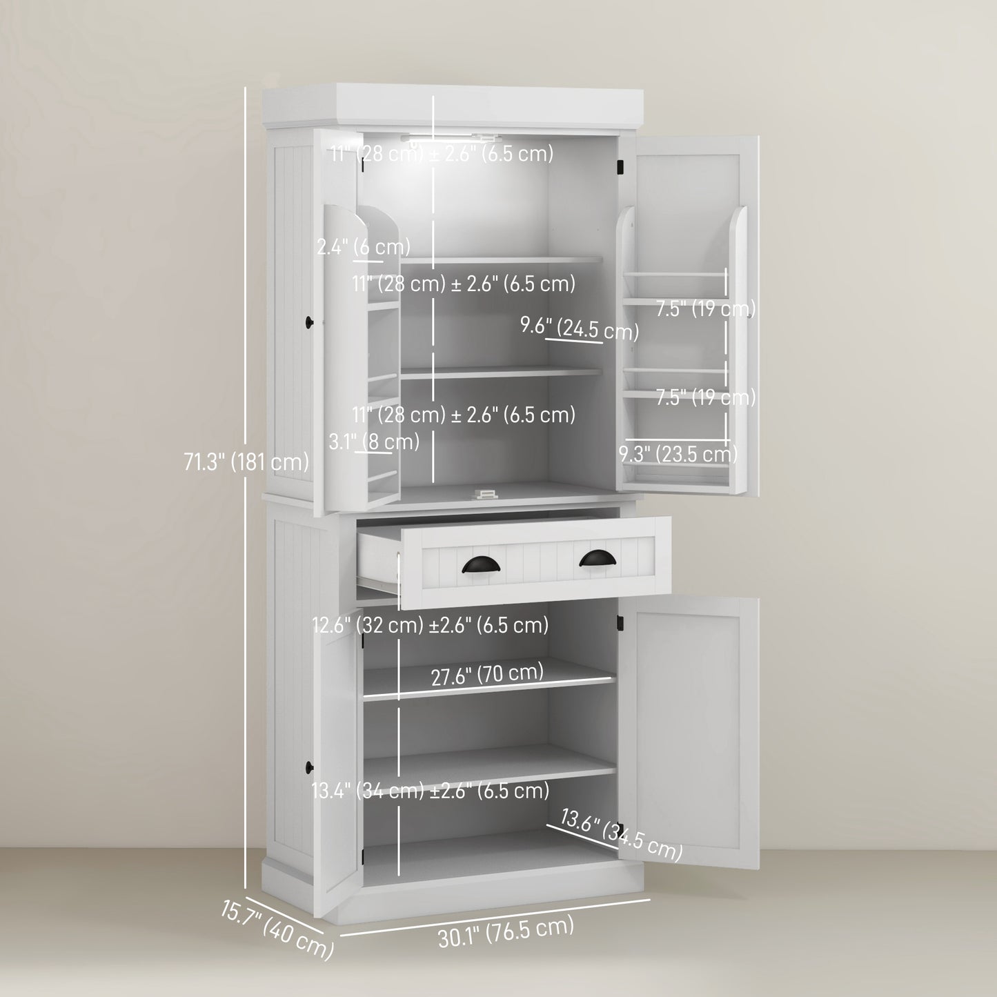 HOMCOM 71" Kitchen Pantry Cabinet with LED Lights, 6 Spice Racks, a Drawer and 4 Adjustable Shelves, White