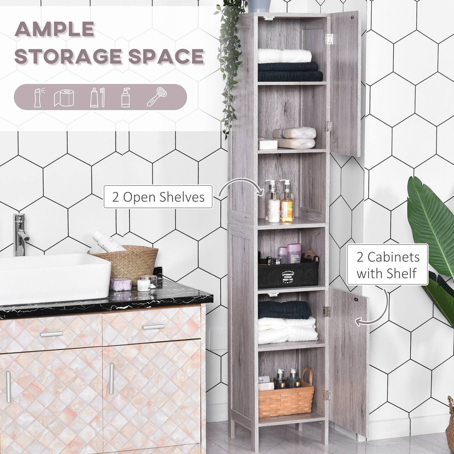 Kleankin Bathroom Storage Cabinet 68'' Organizer Tall Tower Cupboard w/ Shelves Wood Grain Freestanding Furniture