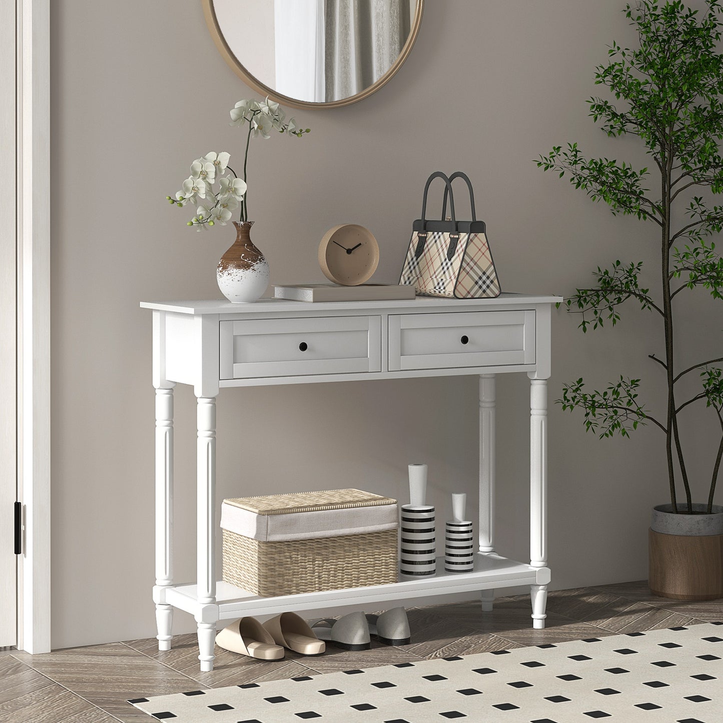 HOMCOM Hallway Console Table, Modern Entryway Table with 2 Drawers, Storage Shelf, Turned Legs for Living Room, Bedroom, Black