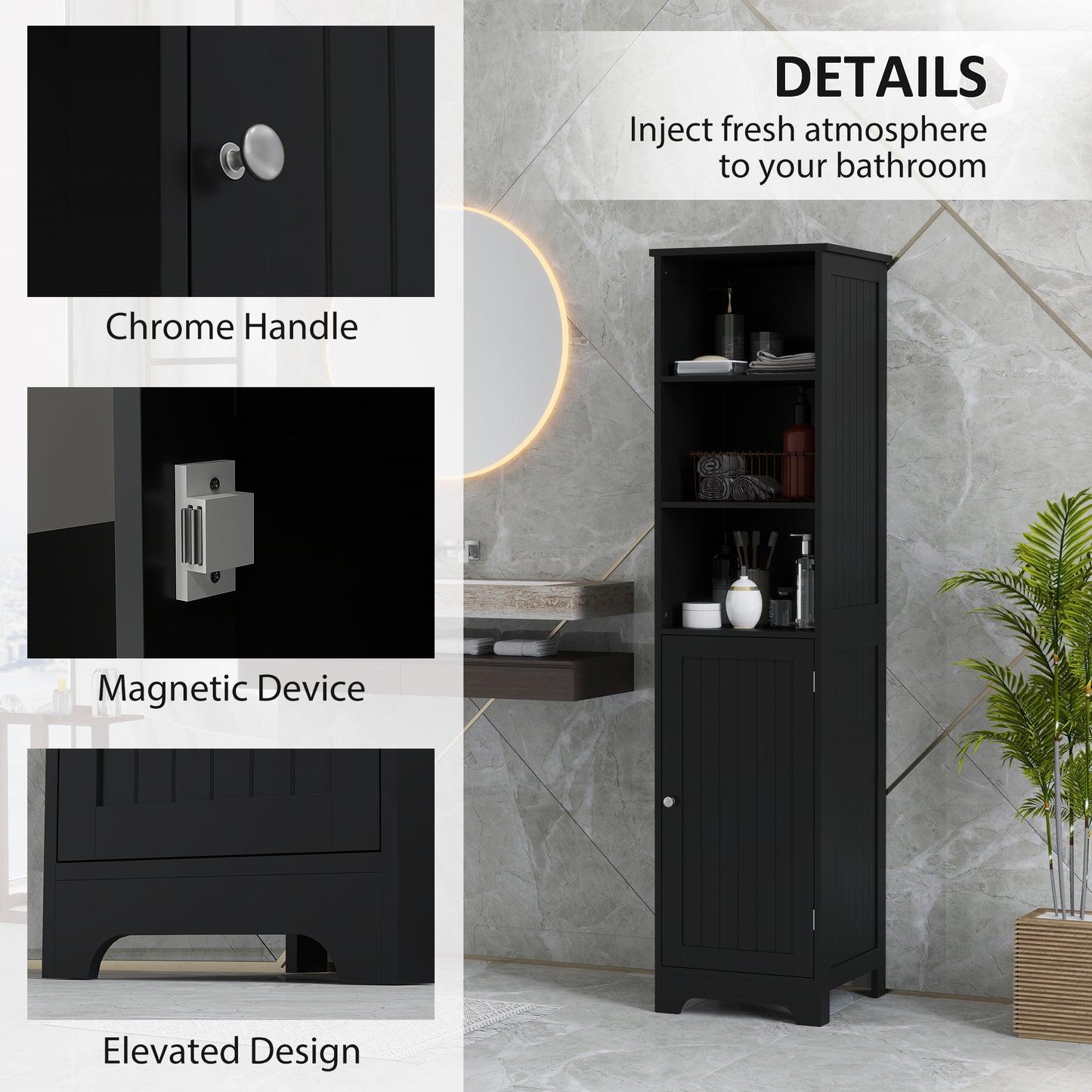 kleankin Tall Bathroom Storage Cabinet, Freestanding Tower Cabinet with Adjustable Shelf, 3 Open Shelves, White