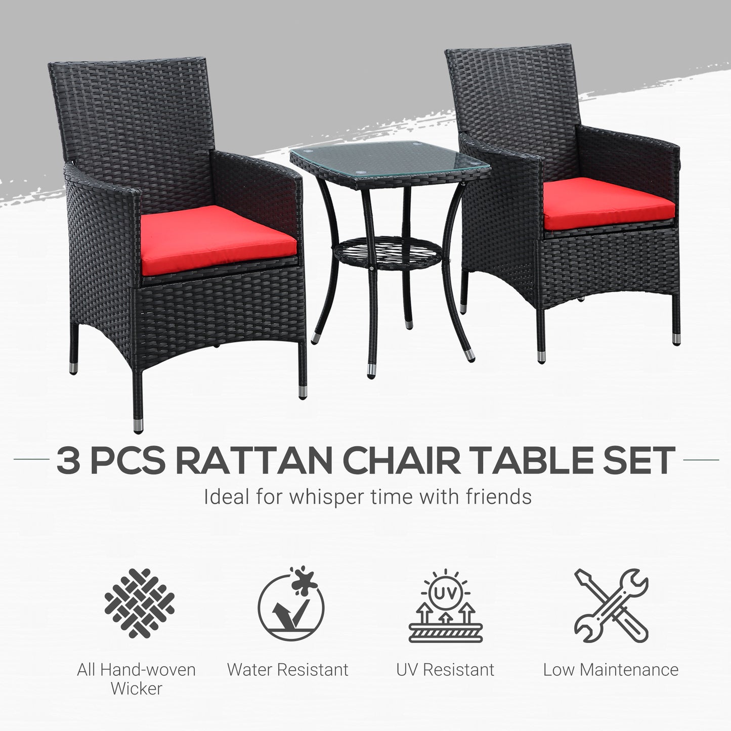 Outsunny 3 Pieces Wicker Patio Furniture Set, Rattan Bistro Set with Glass Top Coffee Table and Cushions, Outdoor Conversation Set for Garden, Porch, Balcony, Grey