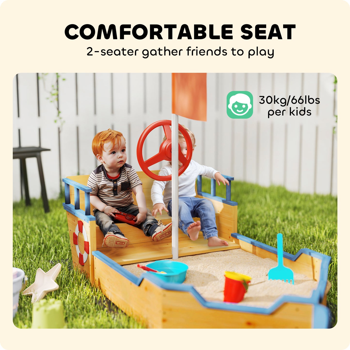 Outsunny Kids Wooden Sandbox Pirate Ship Sandboat Outdoor Backyard Playset Children Sandpit w/ Bench Seat Storage Space & Flag for 3-6 Years Old