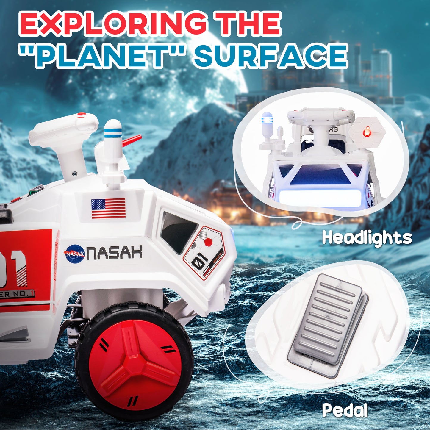 Qaba 6V Mars Rover Electric Car for Kids with Sci-Fi Sounds, Lights, MP3, for Ages 3-5, White