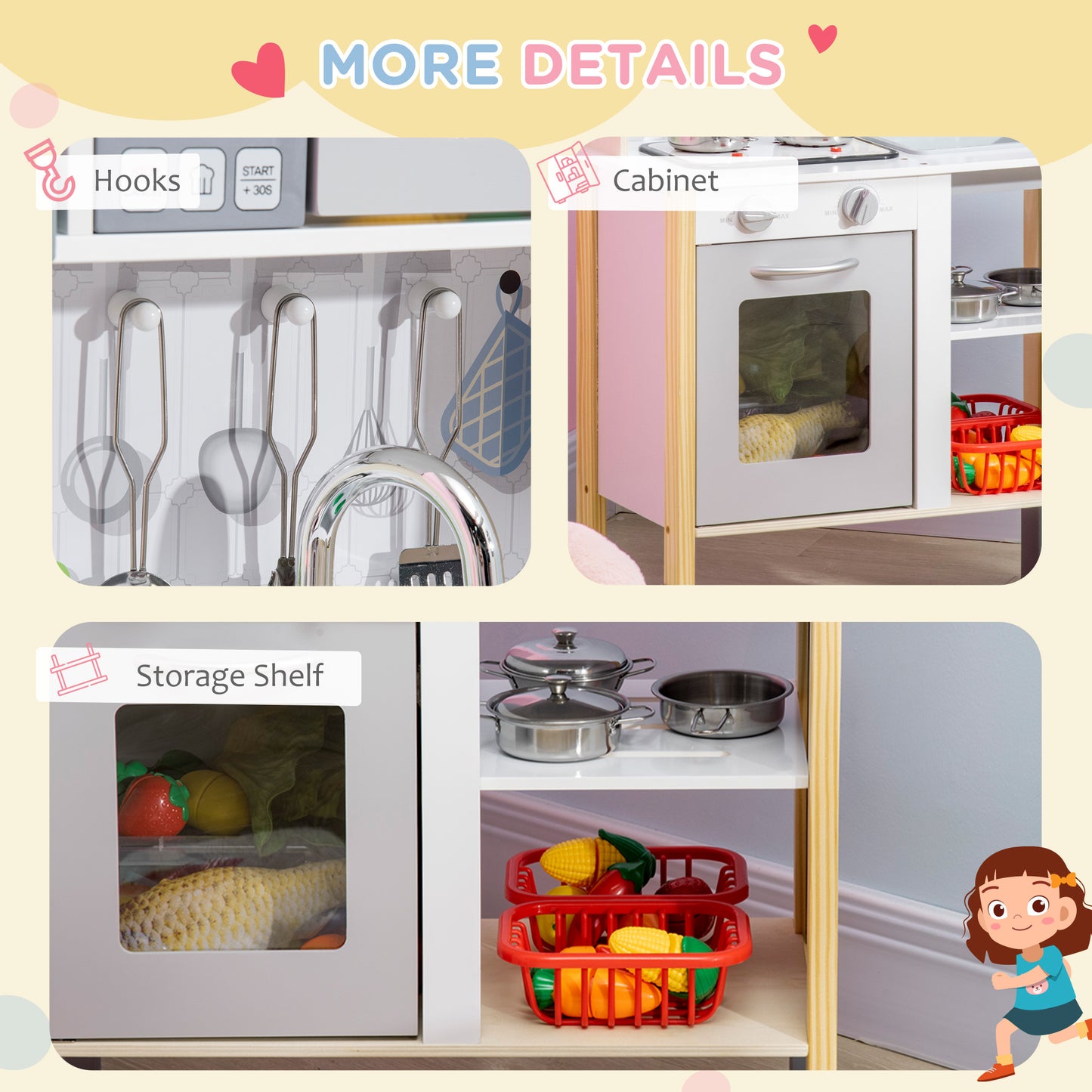 Qaba Wooden Play Kitchen with Realistic Lights Sounds, Microwave, Range Hood, Cooking Accessories, Adjustable Height, White