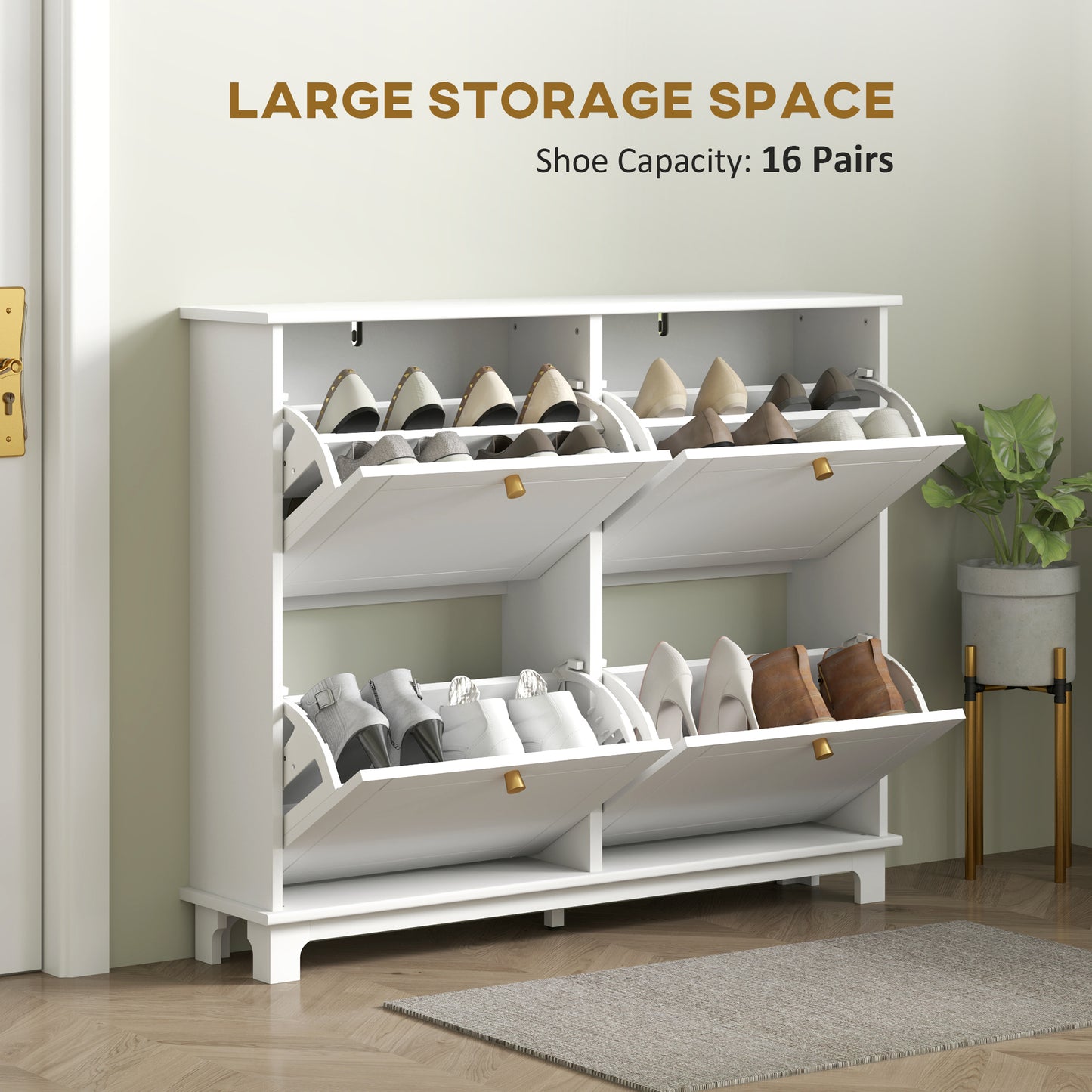 HOMCOM Modern Shoe Storage Cabinet, Narrow Shoe Cabinet with 4 Flip Drawers, Adjustable Shelves, 5 Legs for Entryway, White