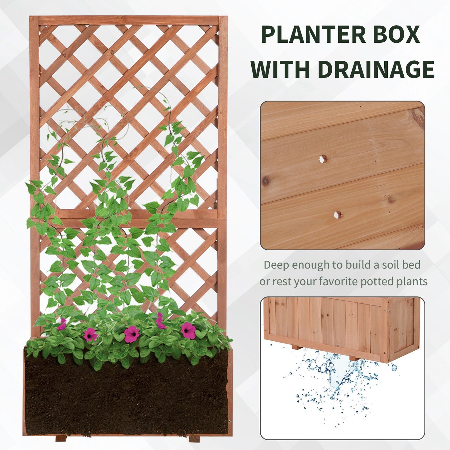 Outsunny 2.4 x 1 x 4.9 ft Garden Wooden Pine Trough Planter with Topped Trellis Climbing Plants Flower Raised Bed, Orange