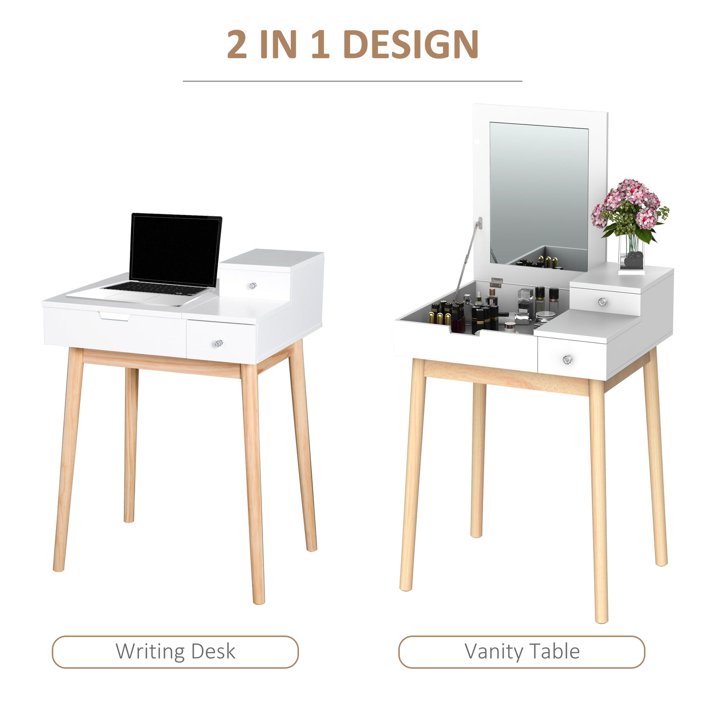 HOMCOM Makeup Vanity Table with Flip-up Mirror, Modern Dressing Table with 2 Drawers for Bedroom, White