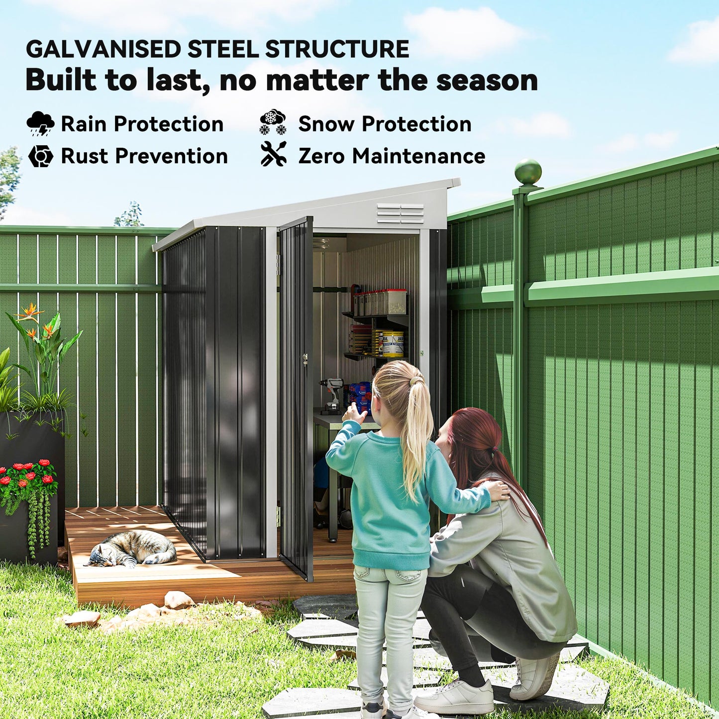 Outsunny 4' x 8' Outdoor Storage Shed Lean to Shed Outdoor Metal Tool Shed with Lockable Door and Air Vents, Dark Grey