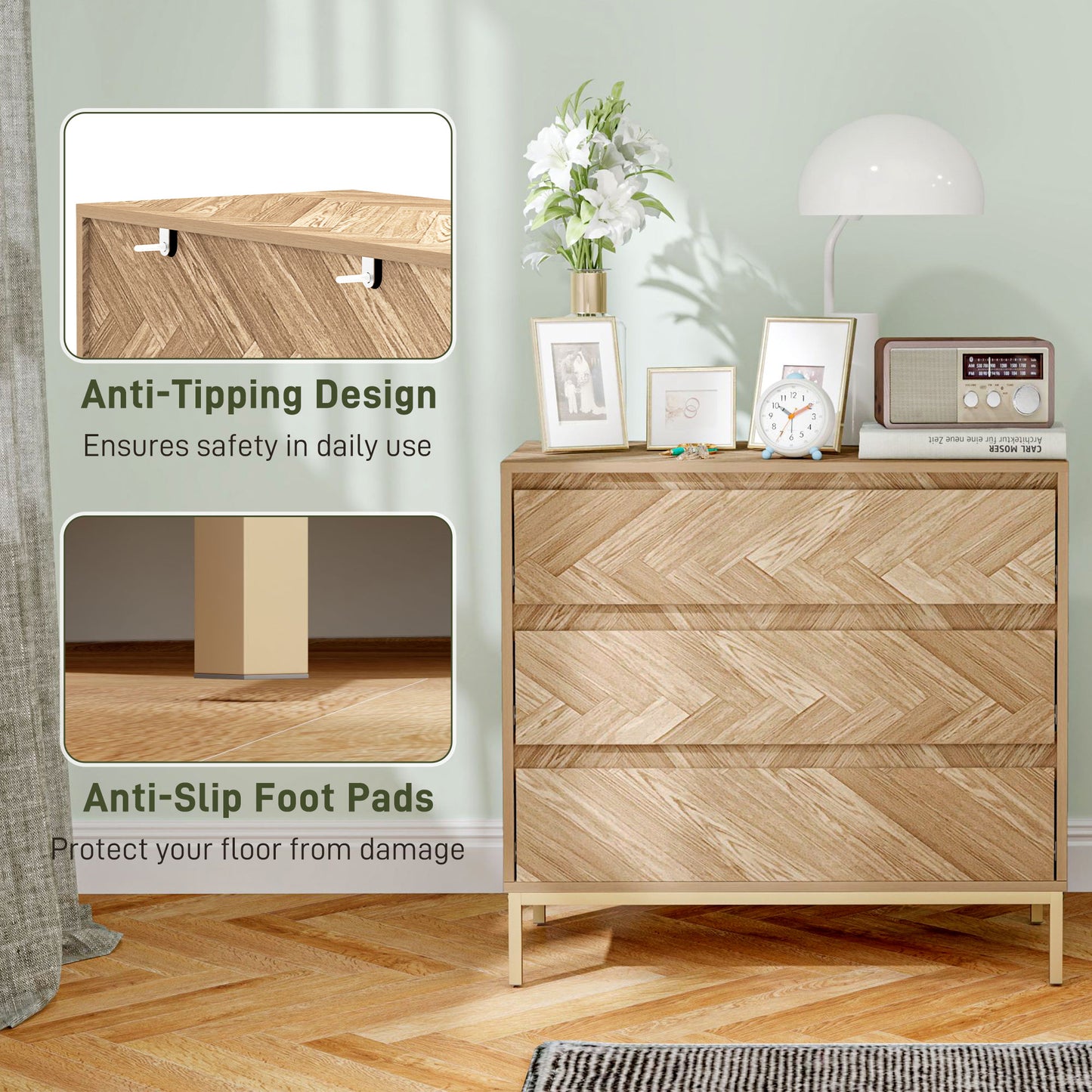 HOMCOM Bedroom Chest of Drawers with Anti-tipping Design, Storage Cabinet with 3 Drawers for Living Room, Hallway, Nature Wood