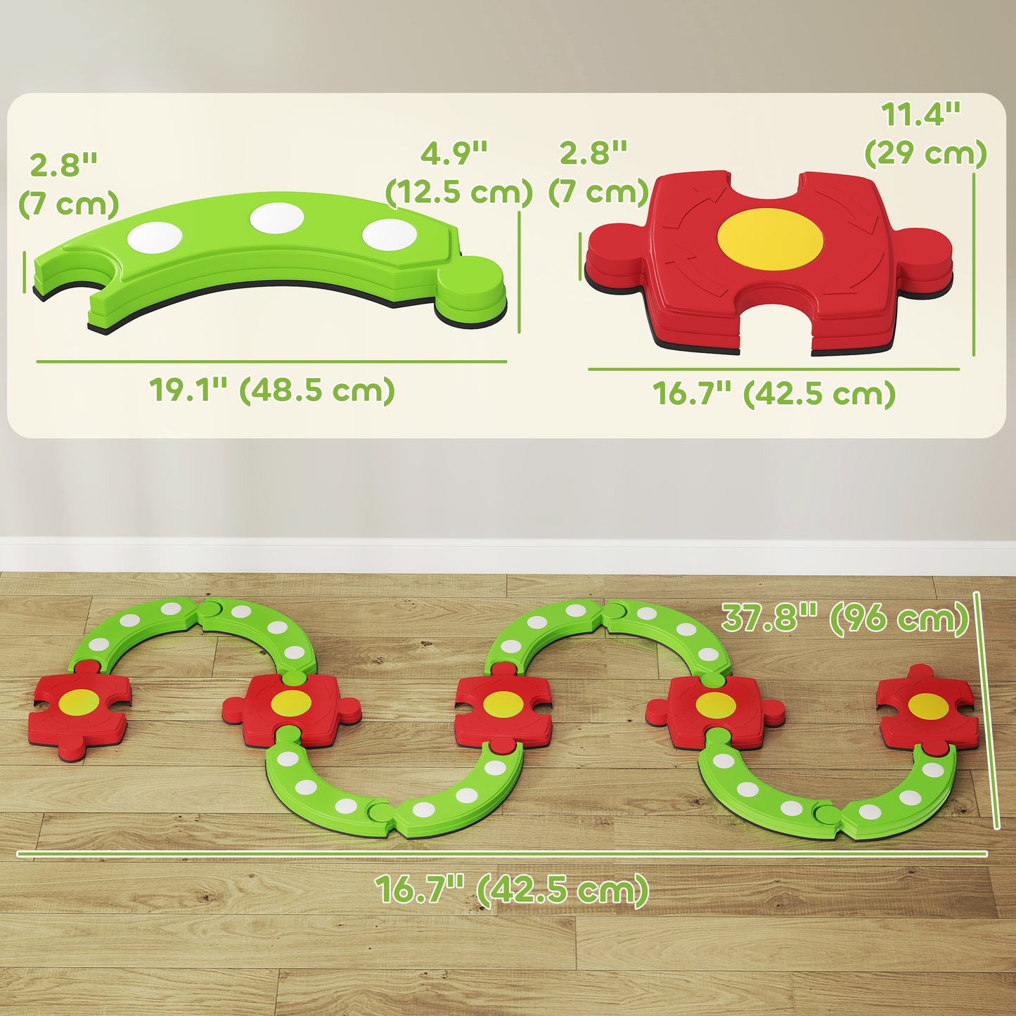 Qaba Kids Balance Beam Stepping Stones with Non-slip Surface for Kids 3-8, Build Coordination and Gross Motor Skills, Green