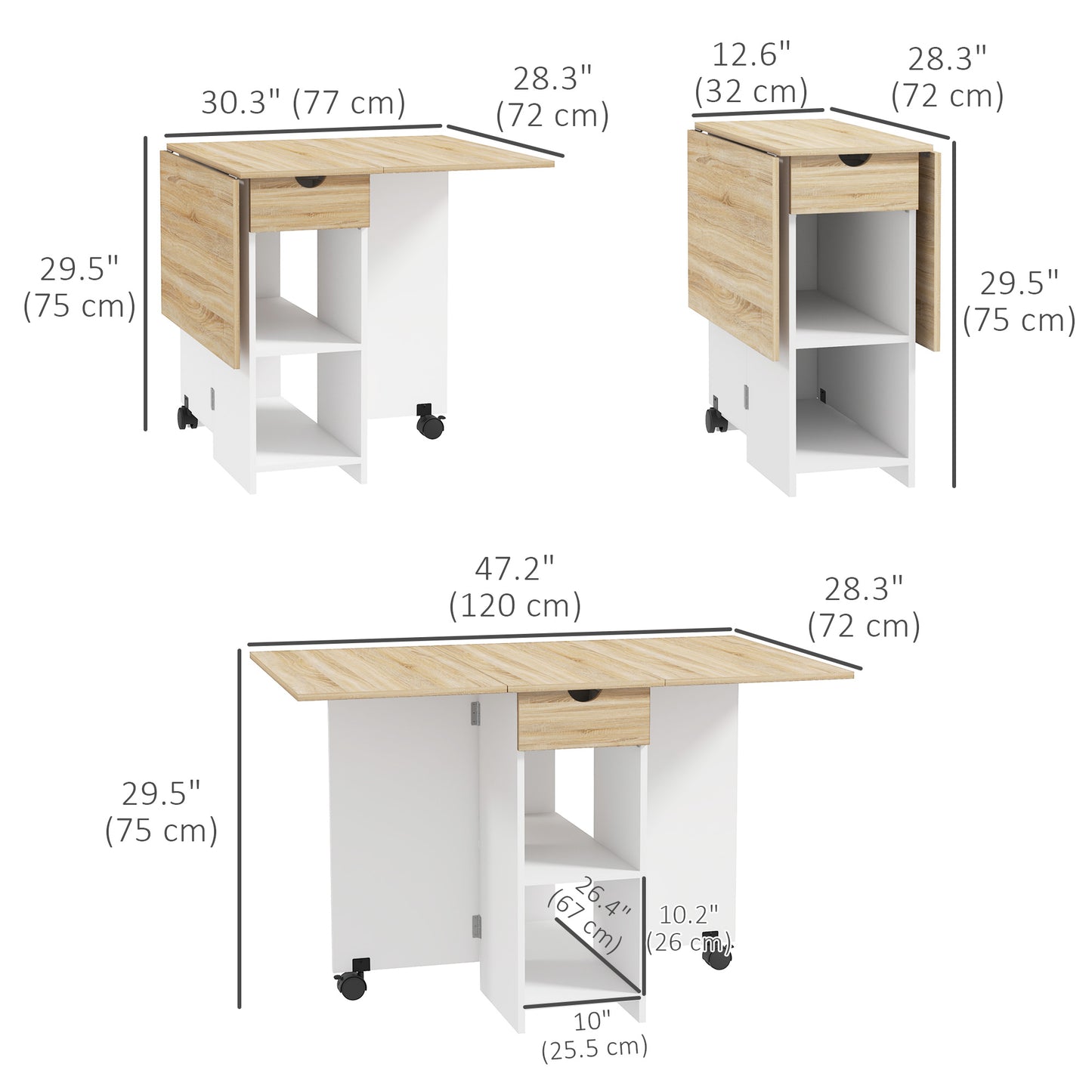 HOMCOM Folding Dining Table, Space Saving Drop Leaf Table with Drawer and Storage Shelves for Kitchen, Dining Room, Oak
