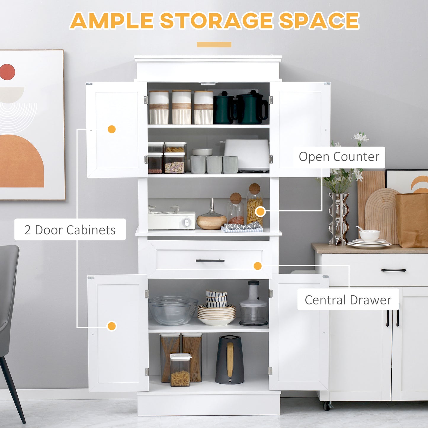 HOMCOM Modern Freestanding Kitchen Pantry Cabinet Cupboard with Doors Open Shelves Adjustable Shelving Microwave Space, White
