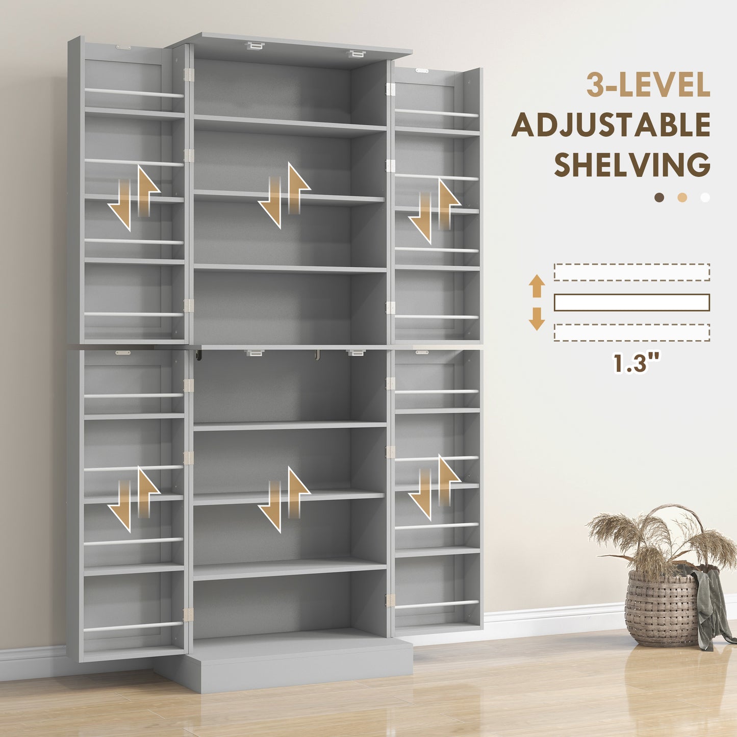 HOMCOM 65" Kitchen Cabinet, Kitchen Pantry Cabinet with 4 Doors and 16 Door Shelves for Dining Room, Grey