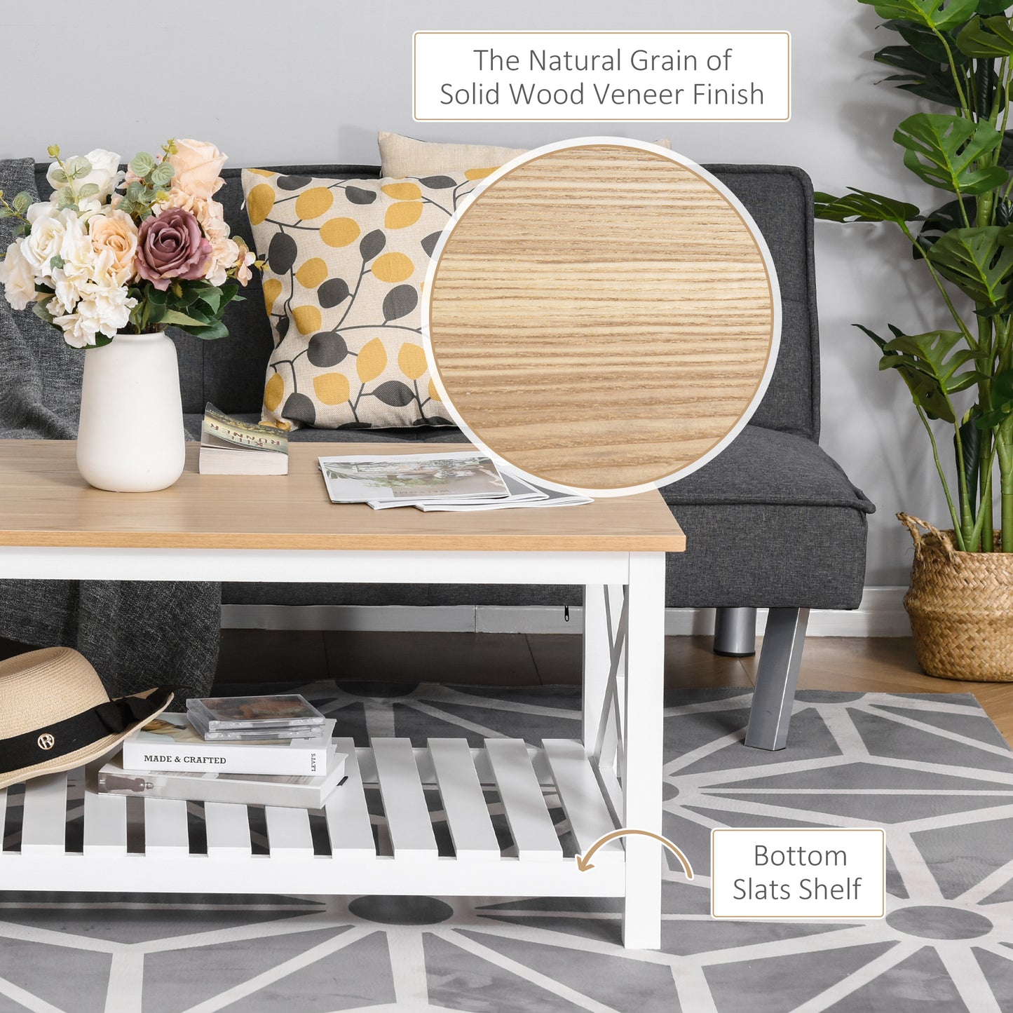 HOMCOM Farmhouse Coffee Table with Slatted Bottom Shelf, Center Table with X Bar Frame for Living Room, White, Natural