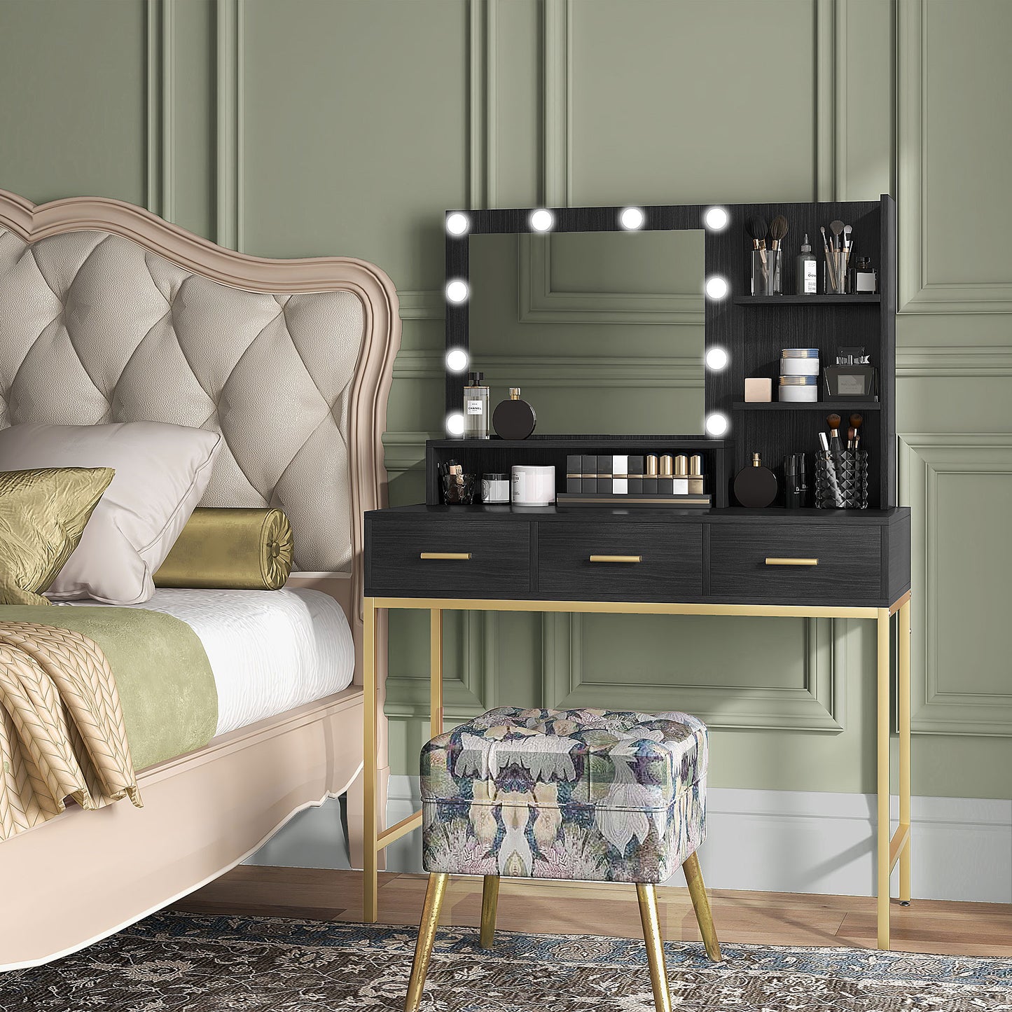 HOMCOM Illuminated Dressing Table, LED Vanity Table with Mirror, 3 Drawers and Storage Shelves for Bedroom, Black