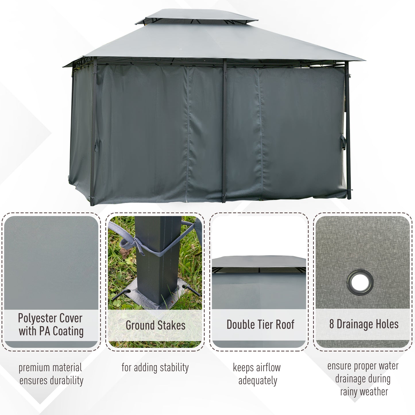 Outsunny 13'L x 10'W x 8.7'H Patio Gazebo Outdoor 2-Tiers Garden Canopy Yard Sunshade Shelter with Curtains, Grey