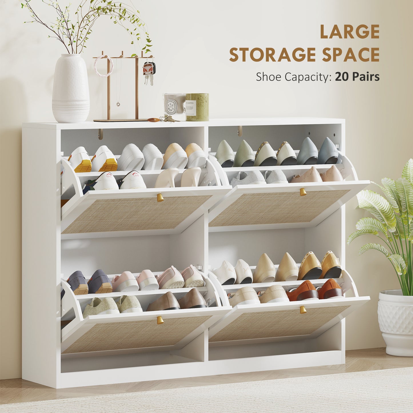 HOMCOM Narrow Shoe Storage Cabinet, Rattan Shoe Cabinet with 4 Flip Drawers and Adjustable Shelves for 20 Pairs, Black