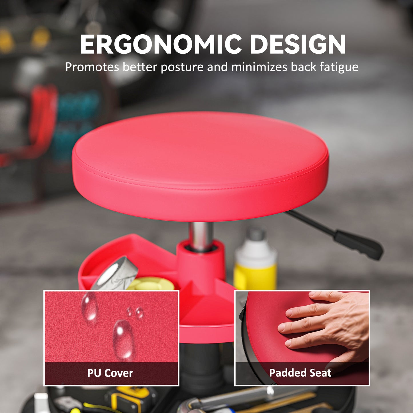 HOMCOM Rolling Garage Stool, 300 LBS Capacity Padded Mechanic Stool with 2.5" Wheels, Adjustable Height 15" -19.7", Red