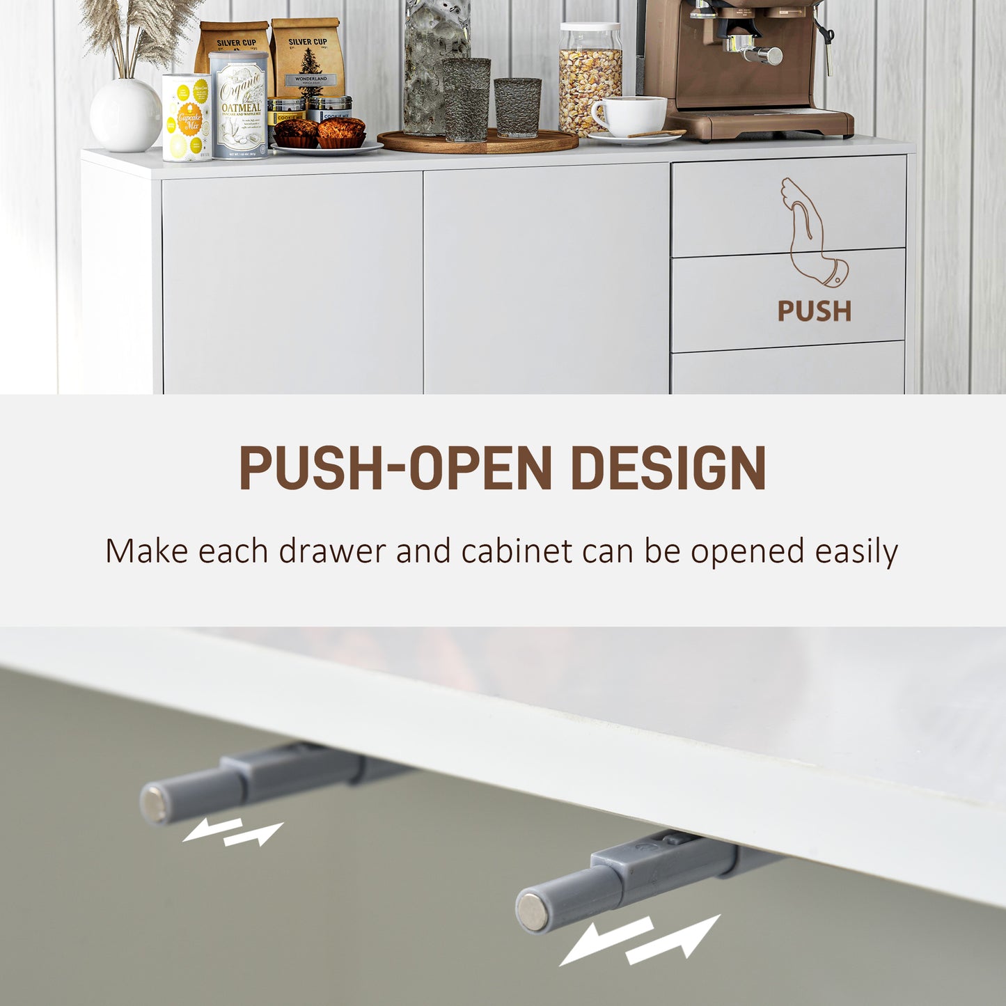 HOMCOM Kitchen Sideboard Storage Cabinet, Modern Coffee Bar with Push-Open Design and 2 Drawers for Living Room, Black