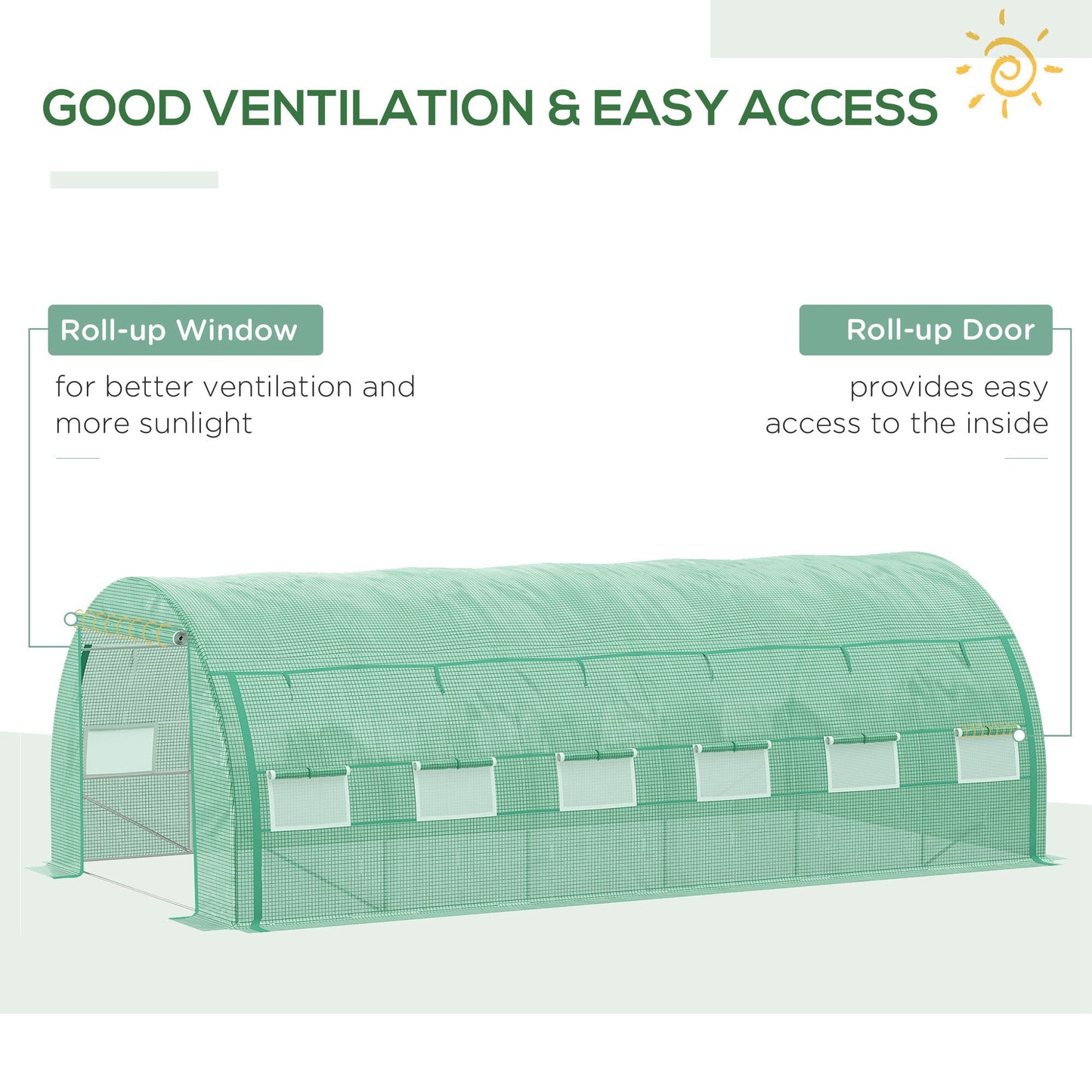 Outsunny Large Walk-in Greenhouse, 20'x10'x6.6' Tunnel Greenhouse with Zippered Door and 12 Roll-up Windows, Outdoor Green House for Garden Plant, Green