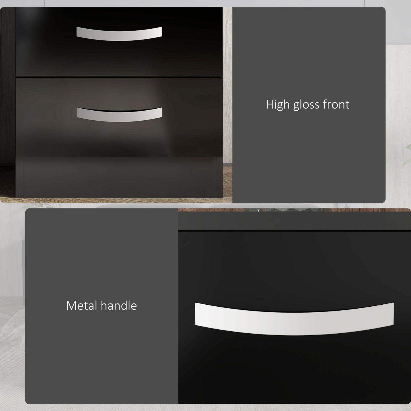 HOMCOM Modern Nightstand Set of 2, Bedside Tables with 3 High Gloss Drawers for Bedroom, White