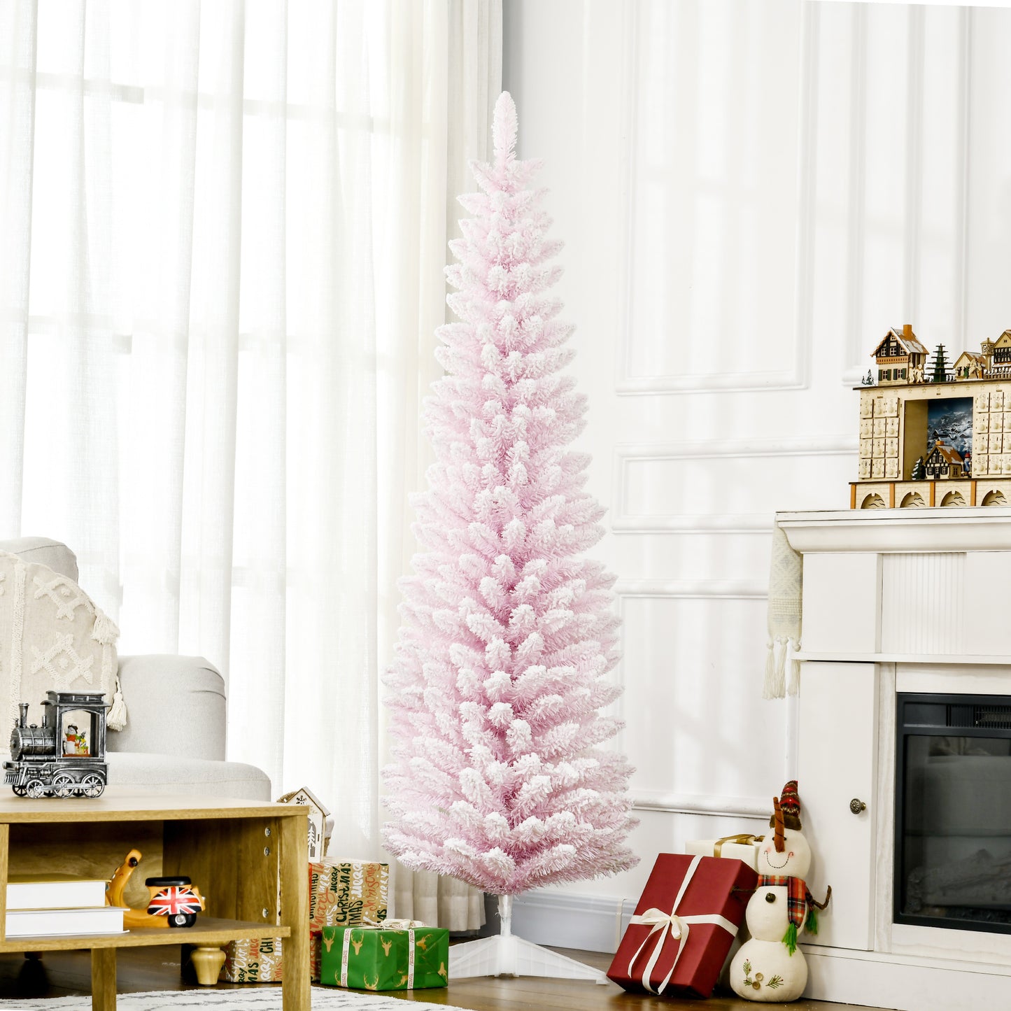 HOMCOM 6ft Flocked Christmas Tree, Pencil Artificial Christmas Tree with Realistic Branches, Pink