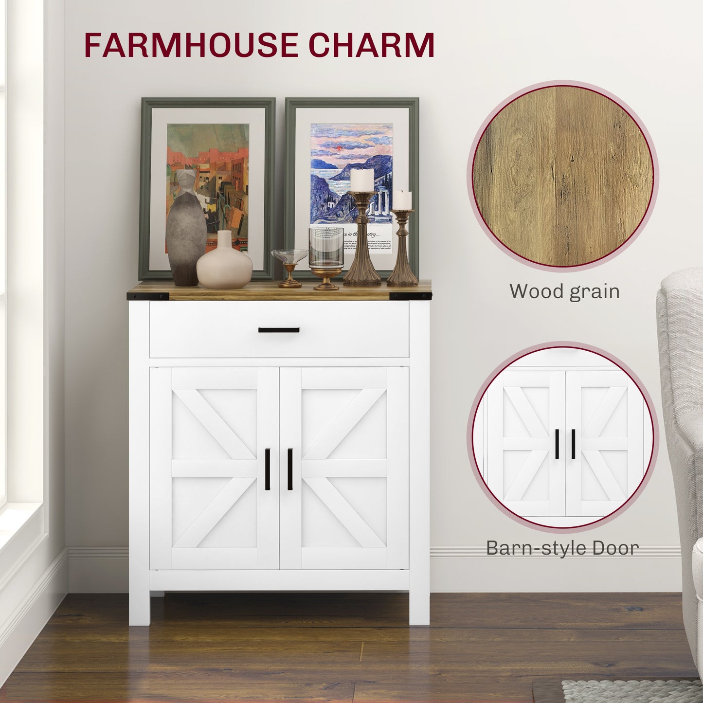 HOMCOM Farmhouse Buffet Cabinet Sideboard with 1 Drawer, 1 Storage Cabinet and Adjustable Shelf, White