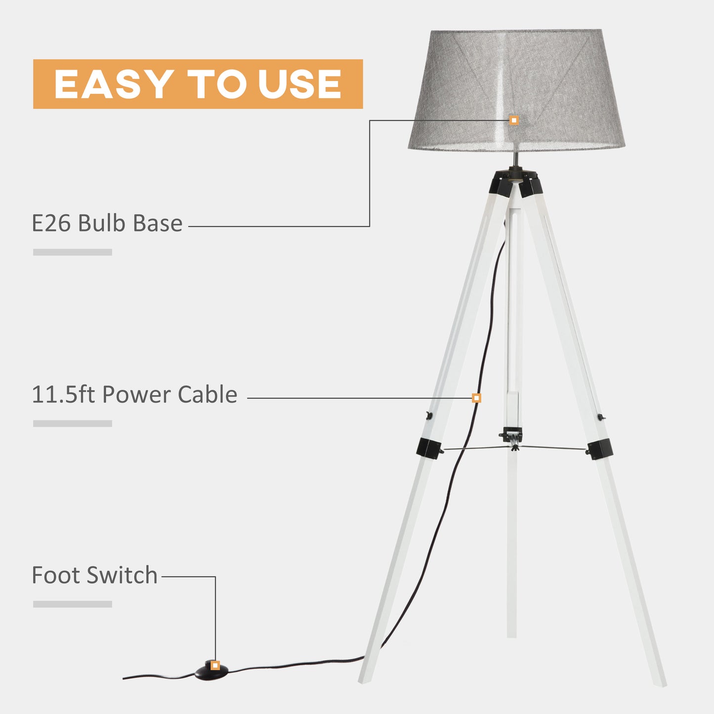 HOMCOM Tripod Floor Lamp, Adjustable Height Wooden Standing Lamp with E26 Lamp Base for Living Room, Bedroom, White and Grey