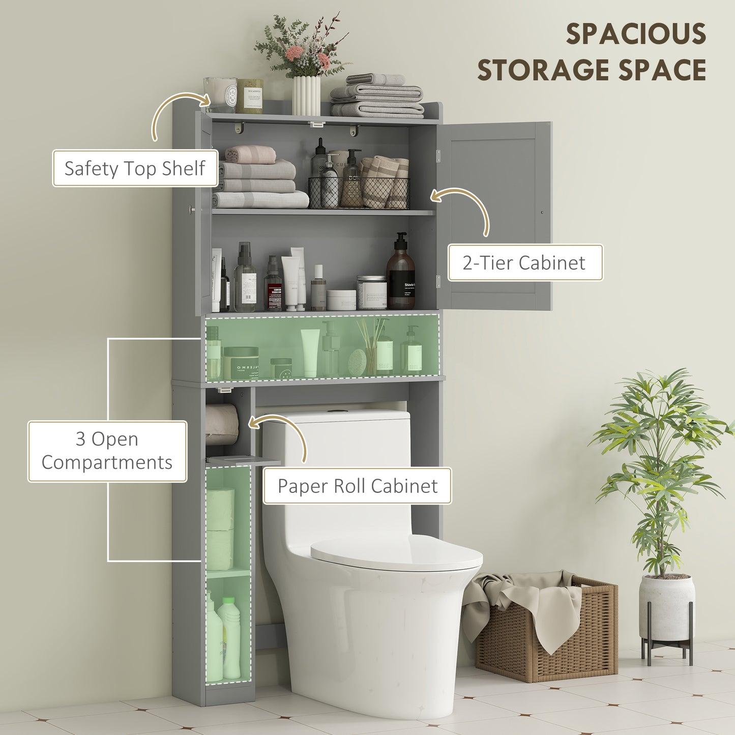 HOMCOM Modern Over the Toilet Storage Cabinet with 2 Doors, Above Commode Storage Cabinet with Toilet Paper Holder, Grey