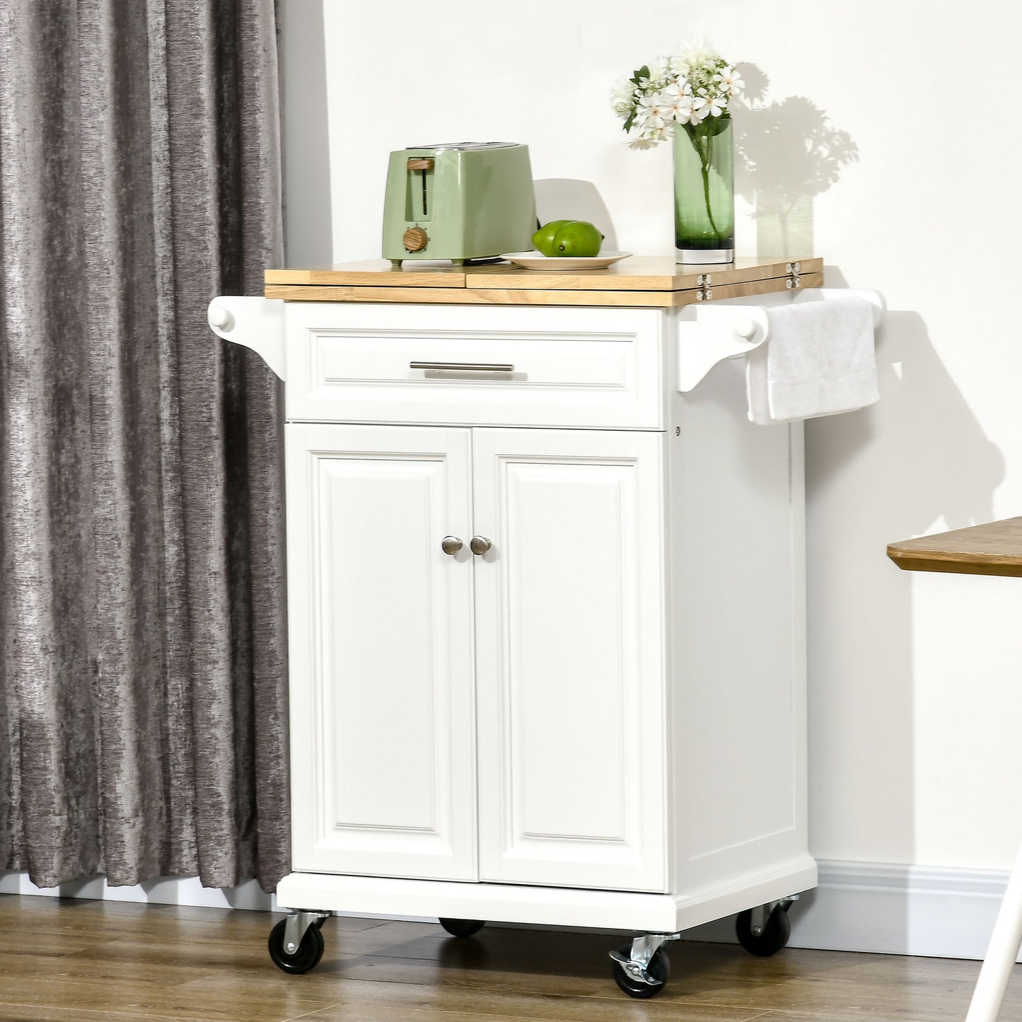 HOMCOM Kitchen Island Cart on Wheels with Extended Counter Drawer Cabinet Towel Racks