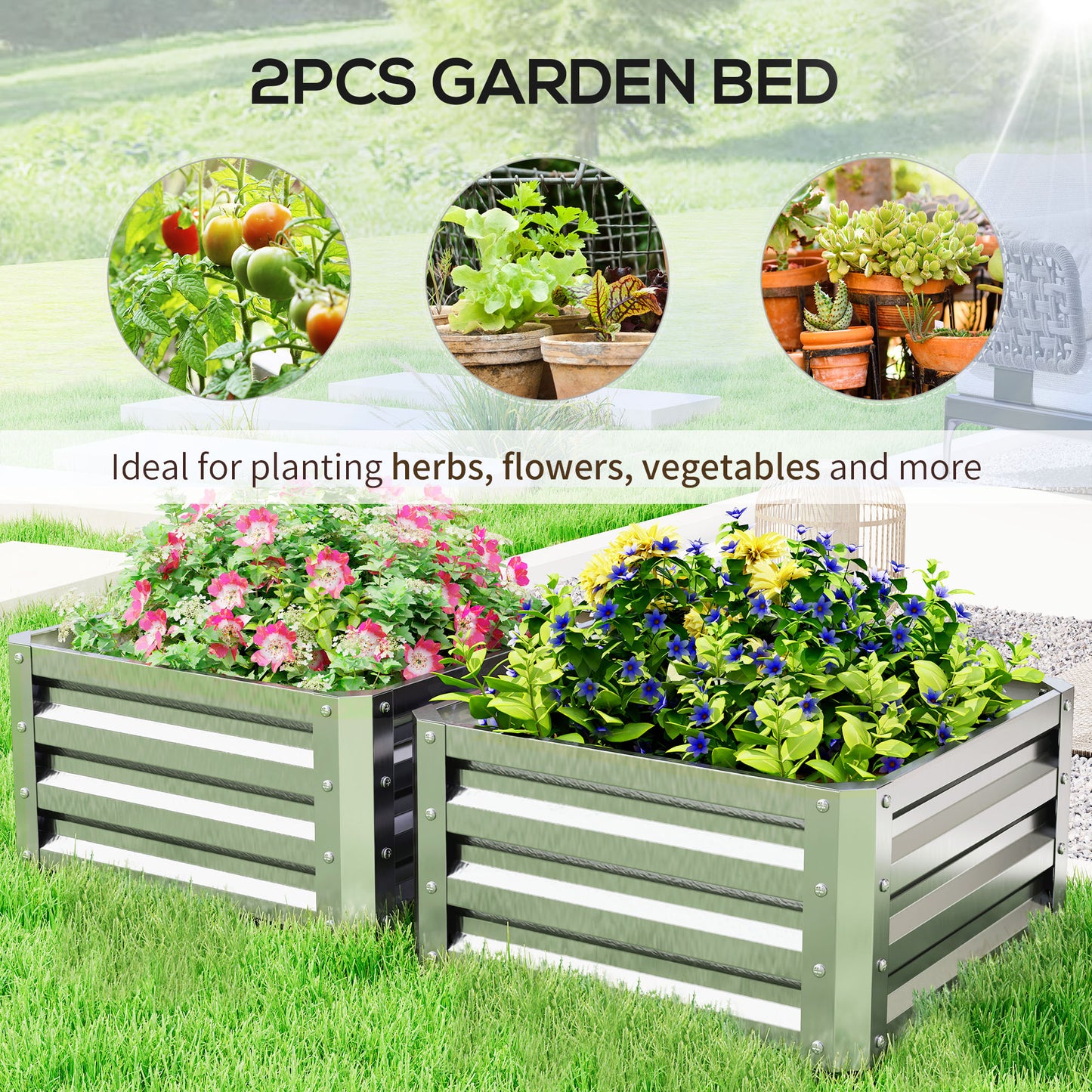 Outsunny 2' x 2' x 1' 2-Pieces Raised Garden Bed with Galvanised Steel Frame for Vegetables, Flowers, Herbs, Silver