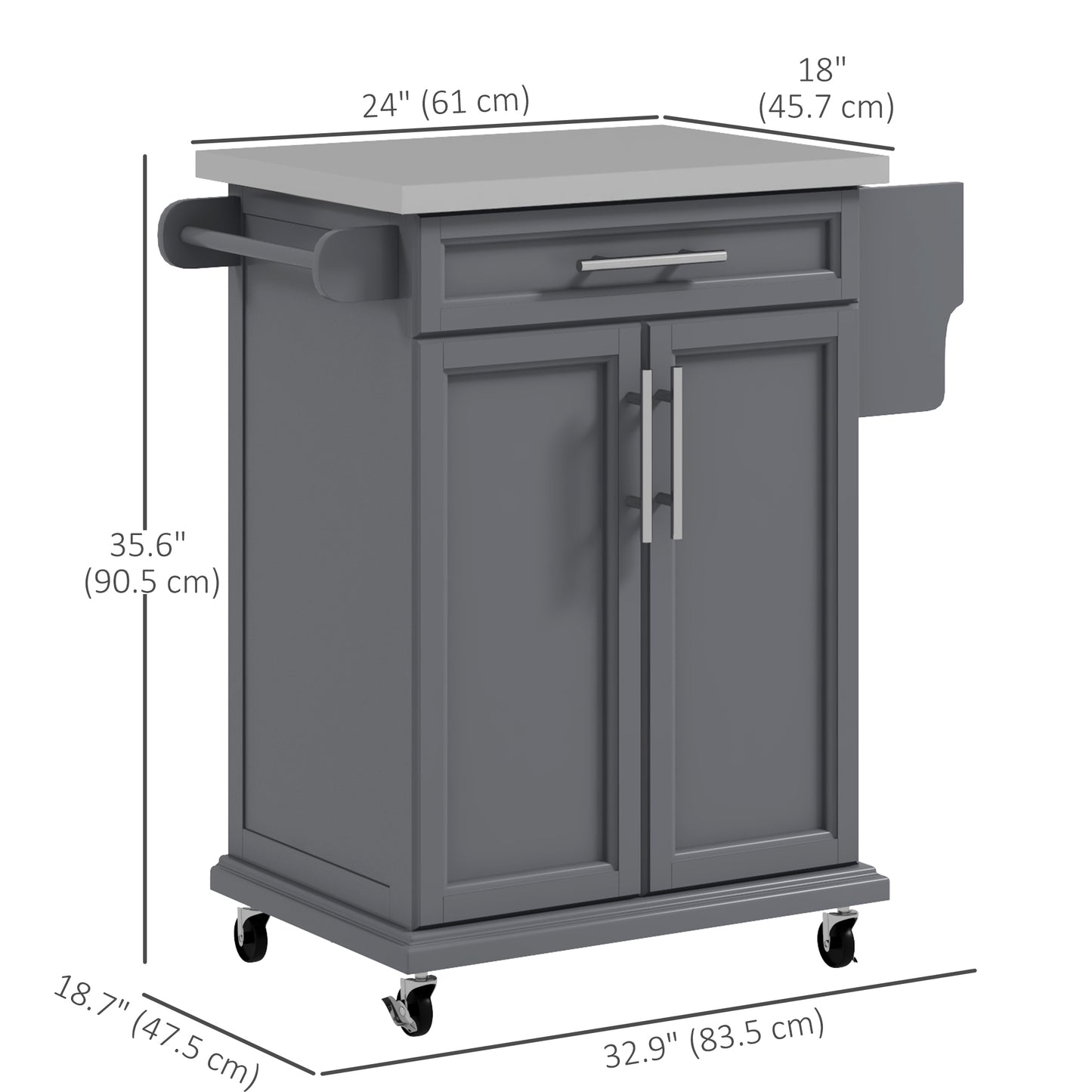 HOMCOM Kitchen Island with Stainless Steel Top, Rolling Kitchen Cart on Wheels with Storage Drawer, Cabinet, Towel Rack and Spice Rack (Black)
