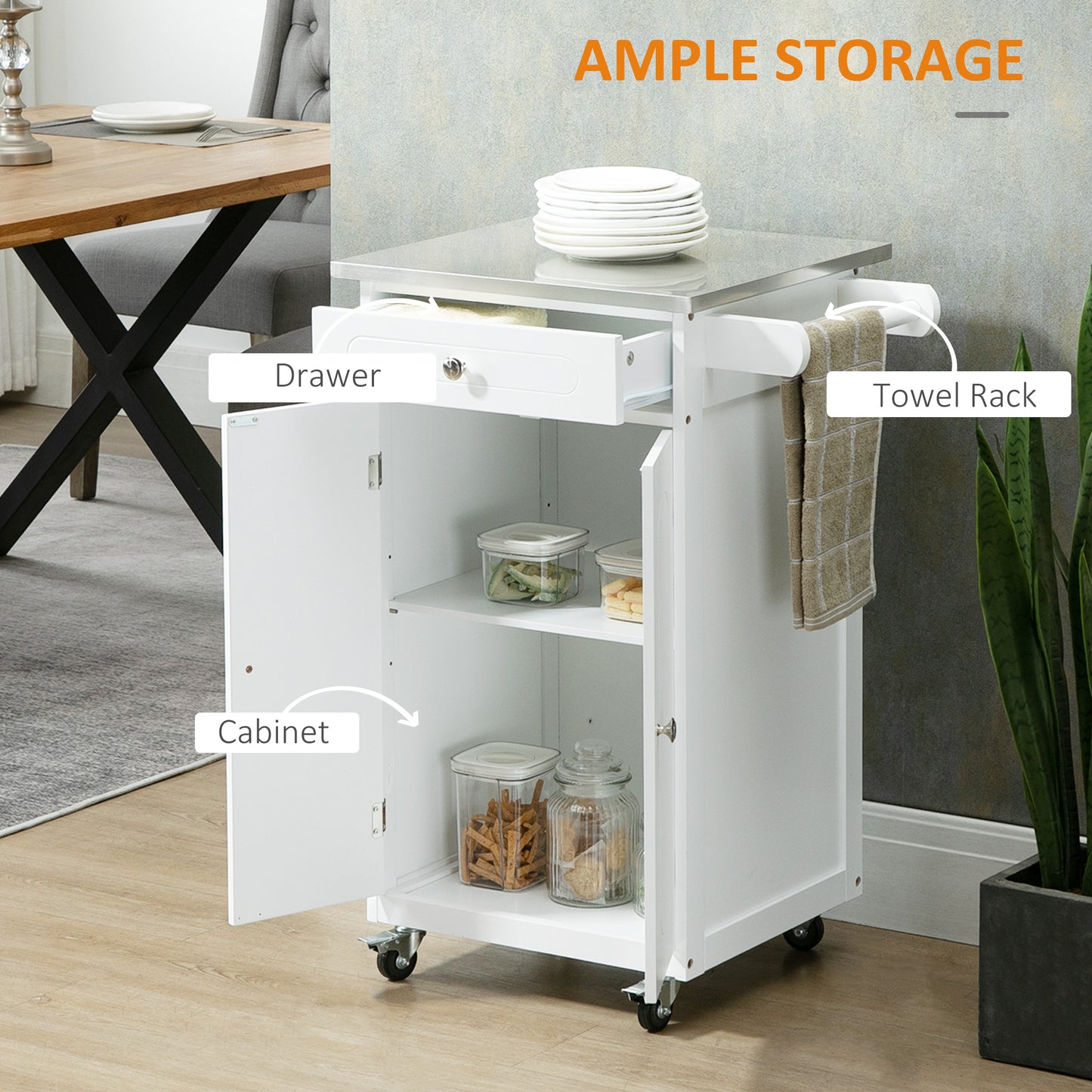 HOMCOM Kitchen Cart, Small Kitchen Island, Stainless Steel Top Utility Trolley on Wheels with Storage Drawer for Dining Room, Kitchen (White)