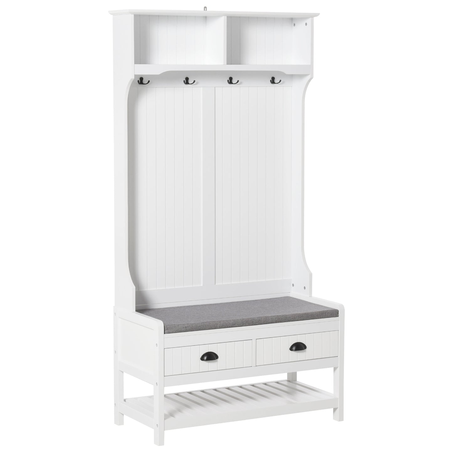 HOMCOM Coat Rack Shoe Bench, Hall Tree with Bench and Shoe Storage, Entryway Bench with 4 Hooks, 2 Drawers, 2 Shelves, White