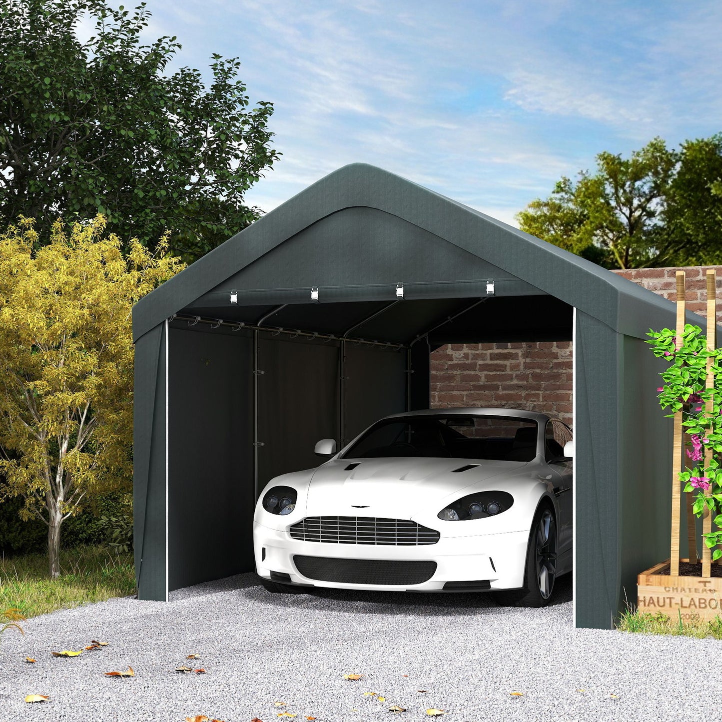 Outsunny Carport, 10 x 20 ft Portable Garage with 2 Roll-Up Doors and Removable Sidewalls for Car, Truck, Boat, Dark Grey