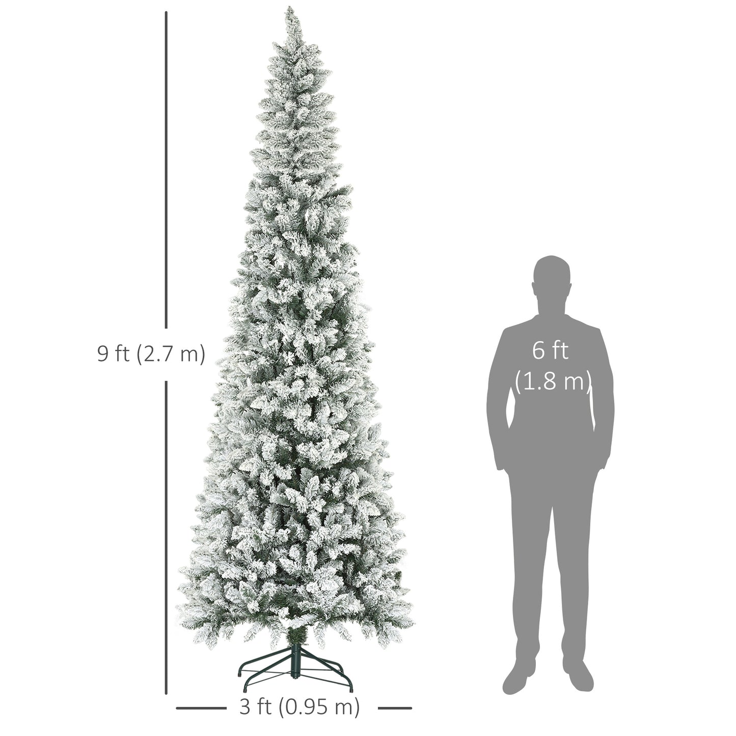 HOMCOM 9ft Pencil Christmas Tree, Flocked Tree with 1277 Branch Tips and Metal Base for Home, Indoor, Holiday