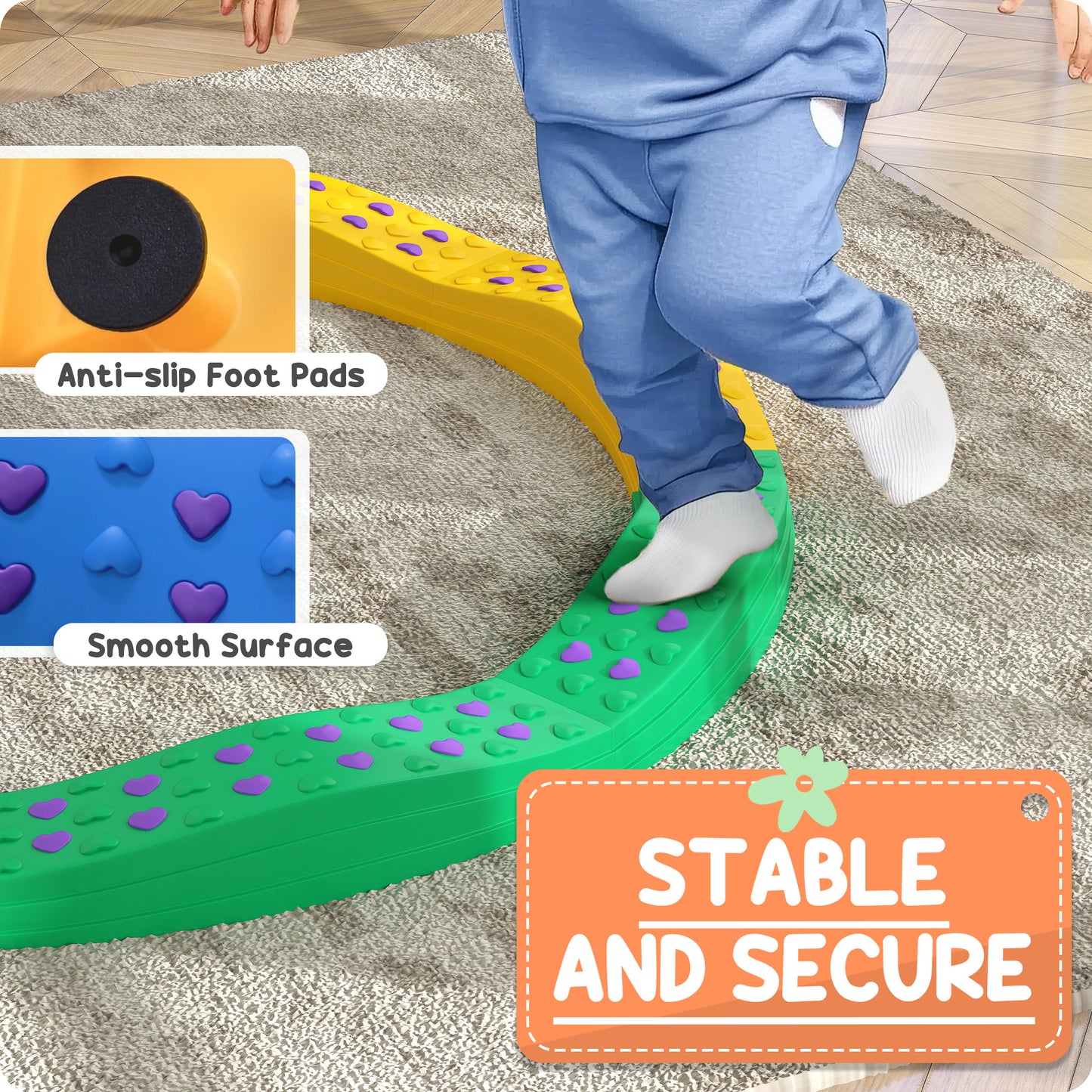 Outsunny 8pcs Balance Beam for Kids, 4 Sensory Pads and 4 Beams with Non-slip Surface & Bottom, Stackable Stepping Stones Kids for Boys Girls 3-6 Years, Multicoloured