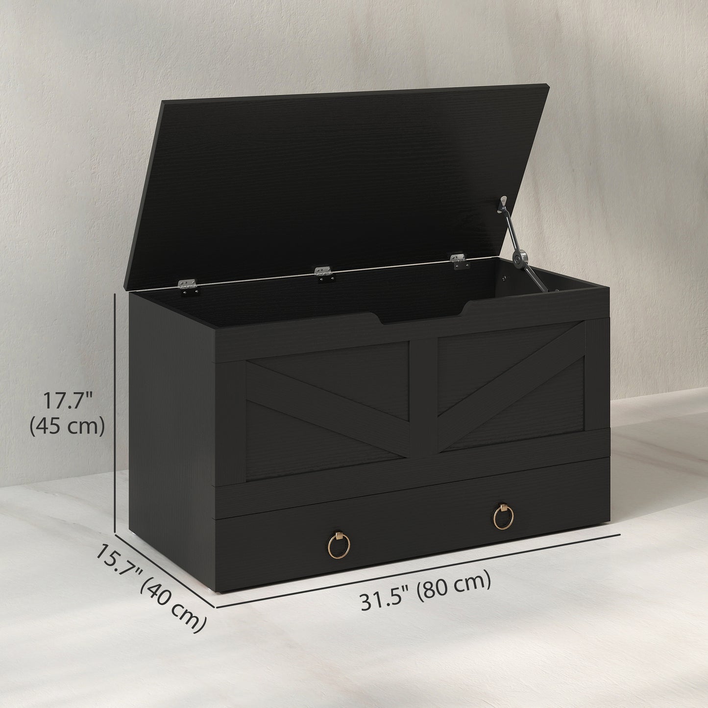 HOMCOM 31.5 Inches Storage Chest, Storage Trunk with 2 Safety Hinges, Wooden Box for Living Room, Black Wood Grain