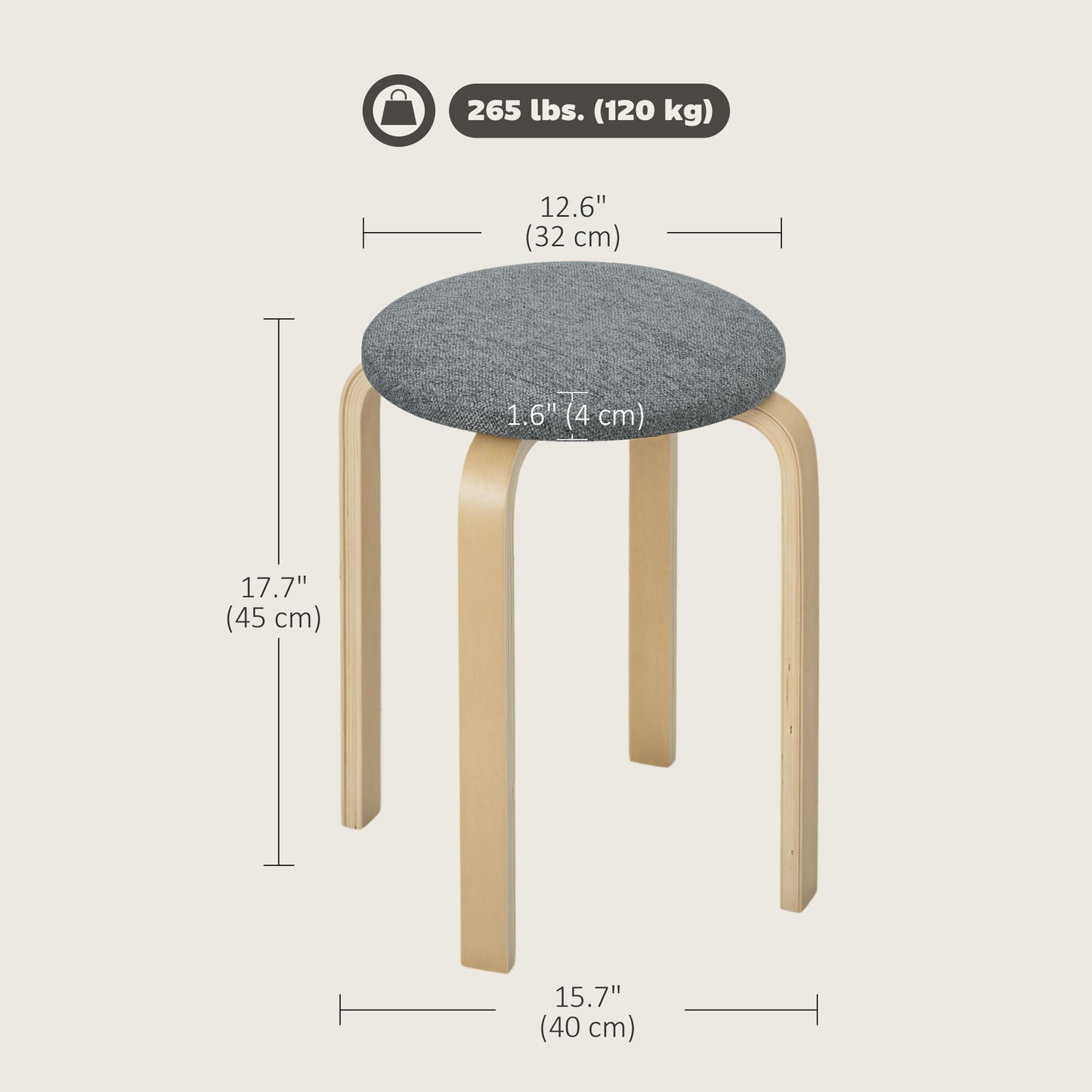 HOMCOM Stackable Wood Stools Set of 4, Stacking Kitchen Stools with Padded Seat for Dining Room, Living Room, Cream White