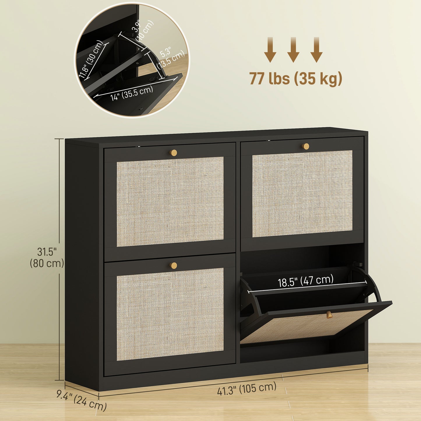 HOMCOM Narrow Shoe Storage Cabinet, Rattan Shoe Cabinet with 4 Flip Drawers and Adjustable Shelves for 20 Pairs, Black