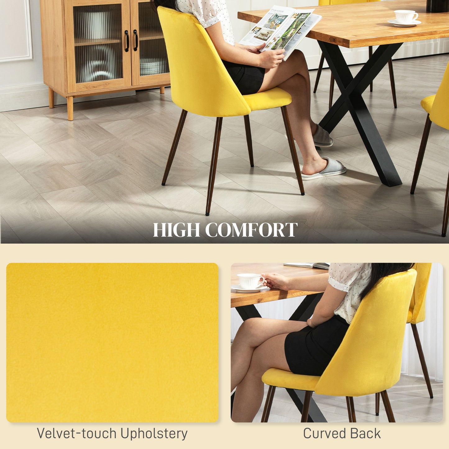 HOMCOM Upholstered Dining Chairs Set of 6, Velvet Accent Chair with Back and Wood-grain Steel Leg for Kitchen, Grey