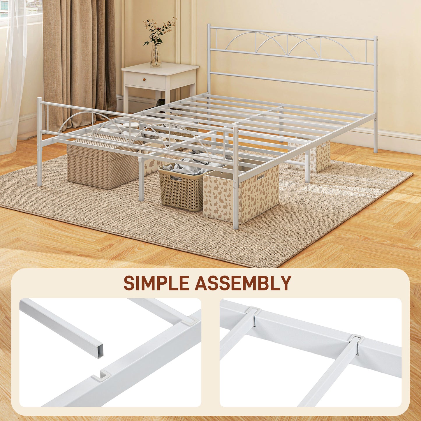 HOMCOM Metal Full Platform Bed Frame with Headboard, Steel Slat Support, Underbed Storage, No Box Spring Needed, Easy Assembly