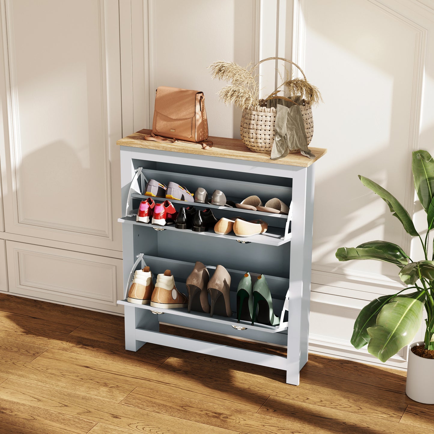 HOMCOM Entryway Shoe Cabinet with 2 Flip Drawers and Adjustable Shelves, 12 Pair Shoe Storage Organizer for Hallway, Grey