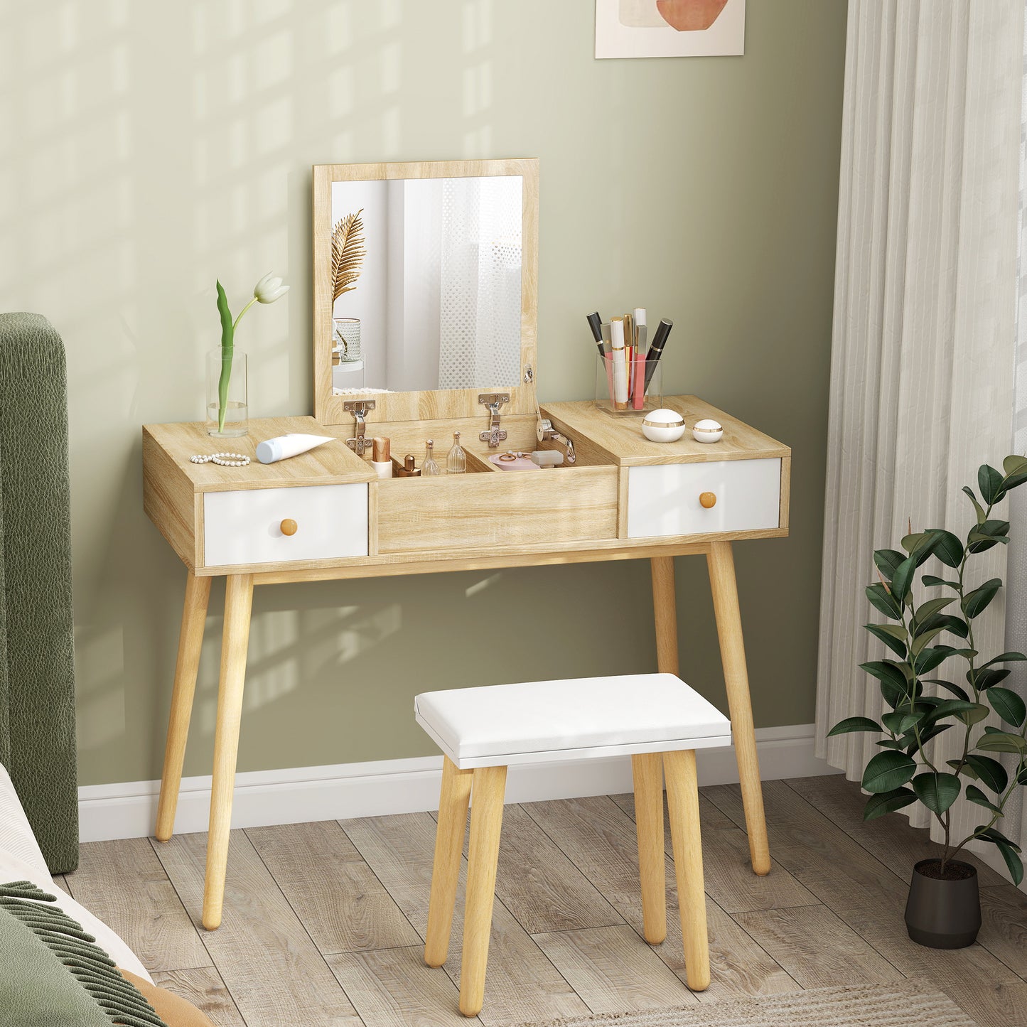 HOMCOM Makeup Vanity Desk with Flip Top Mirror and Cushioned Stool, Dressing Table Writing Desk with 2 Drawers and Storage Grids for Bedroom (White)
